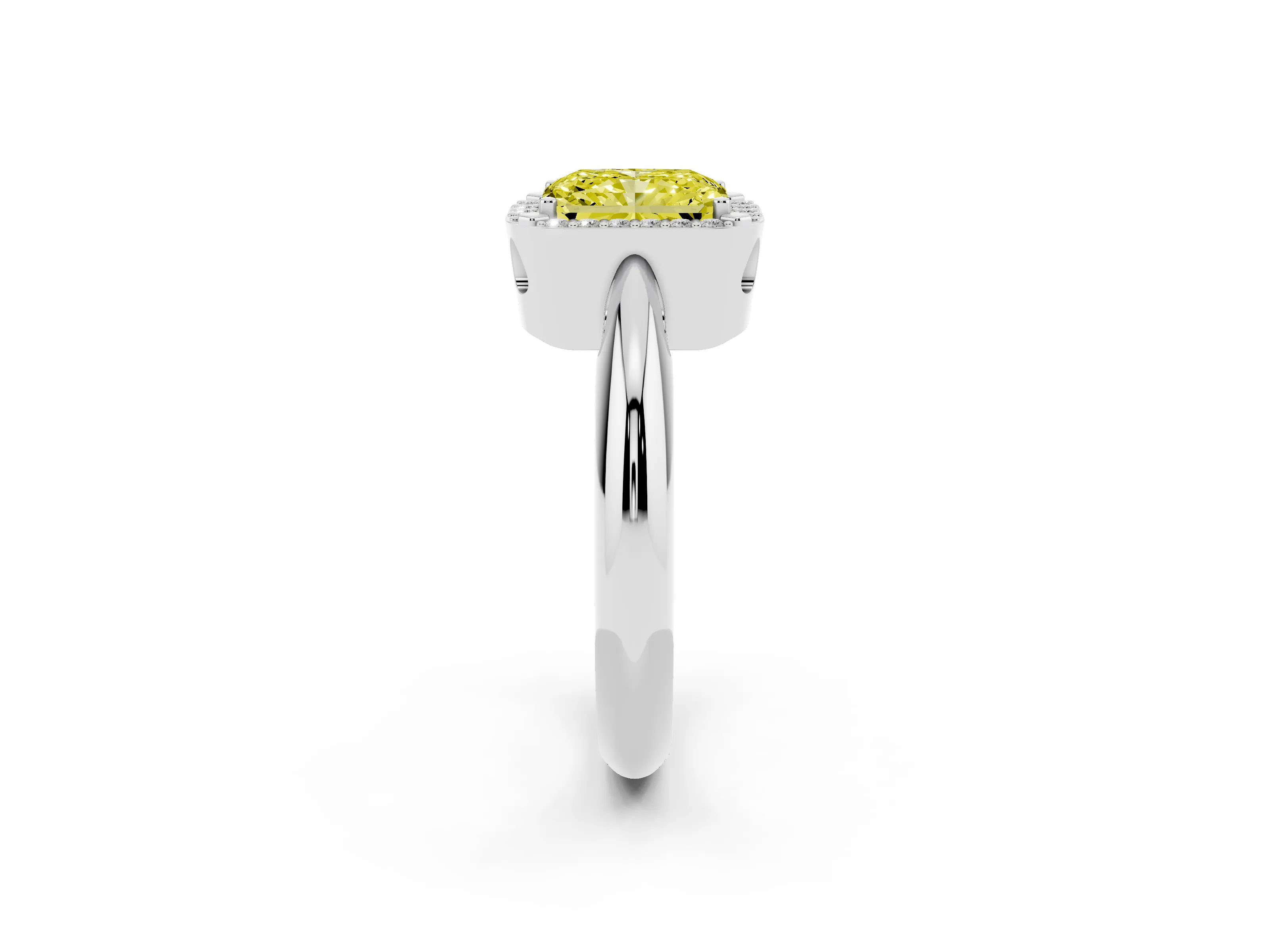 Fancy Yellow Radiant Cut Diamond Halo Engagement Ring Set in Platinum with Plain Split Shank and Prong Setting