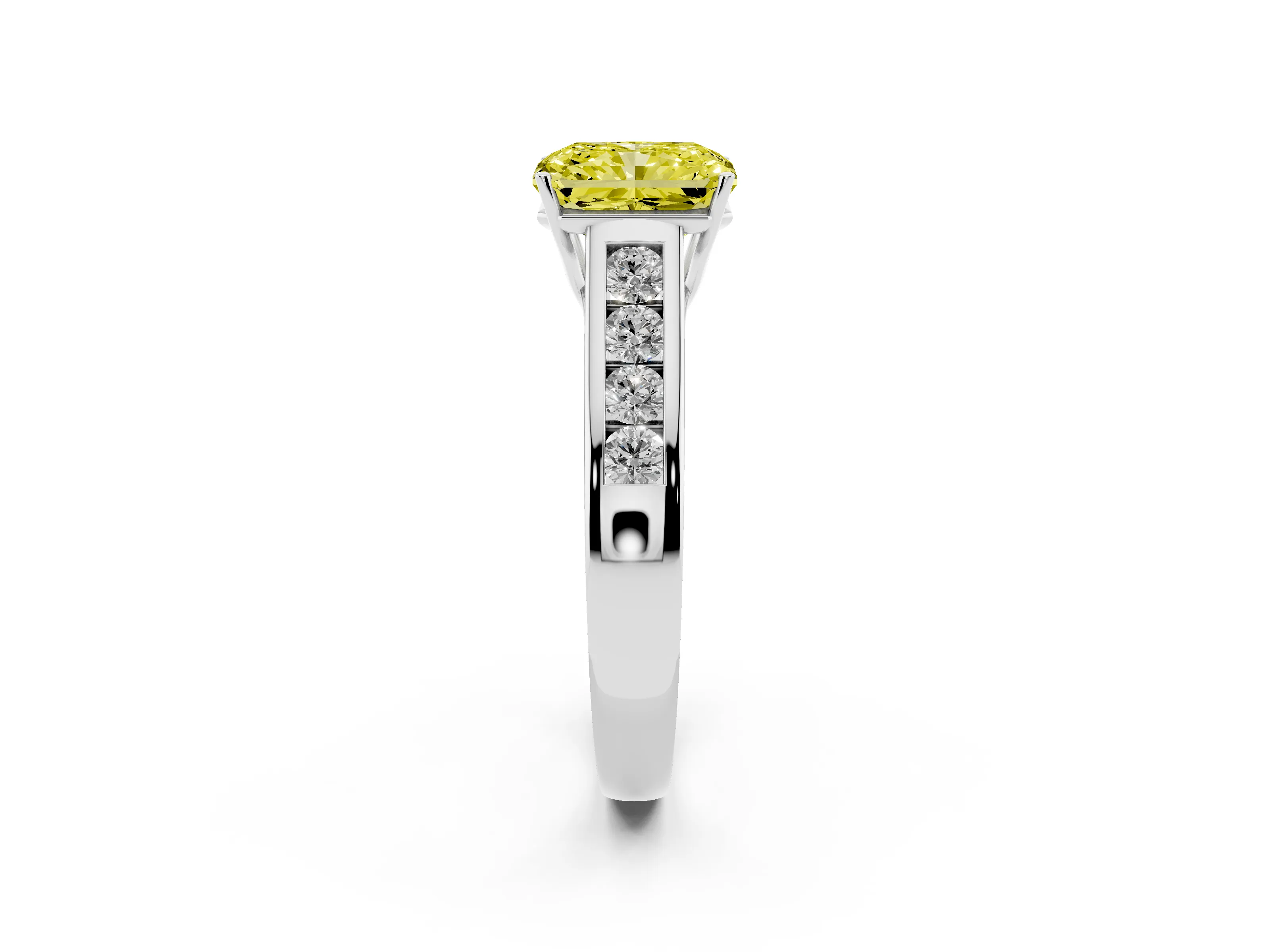 Fancy Yellow Radiant Cut Diamond Brilliant Channel-Set Solitaire Ring Set in White gold with Prong Setting