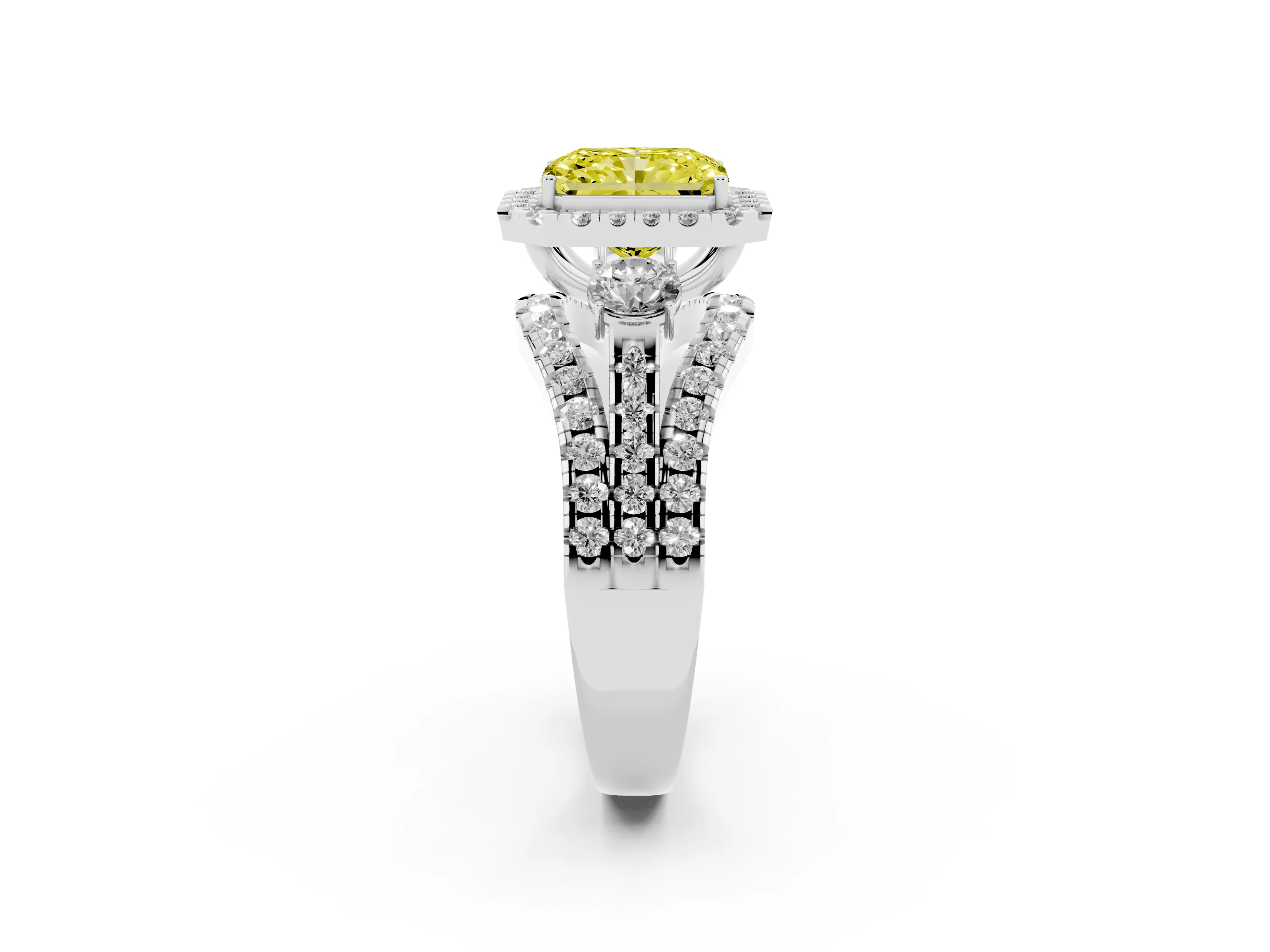 Fancy Yellow Radiant Cut Diamond Halo Split Shank Ring Set in Silver with Round Accent Stones and Prong Setting