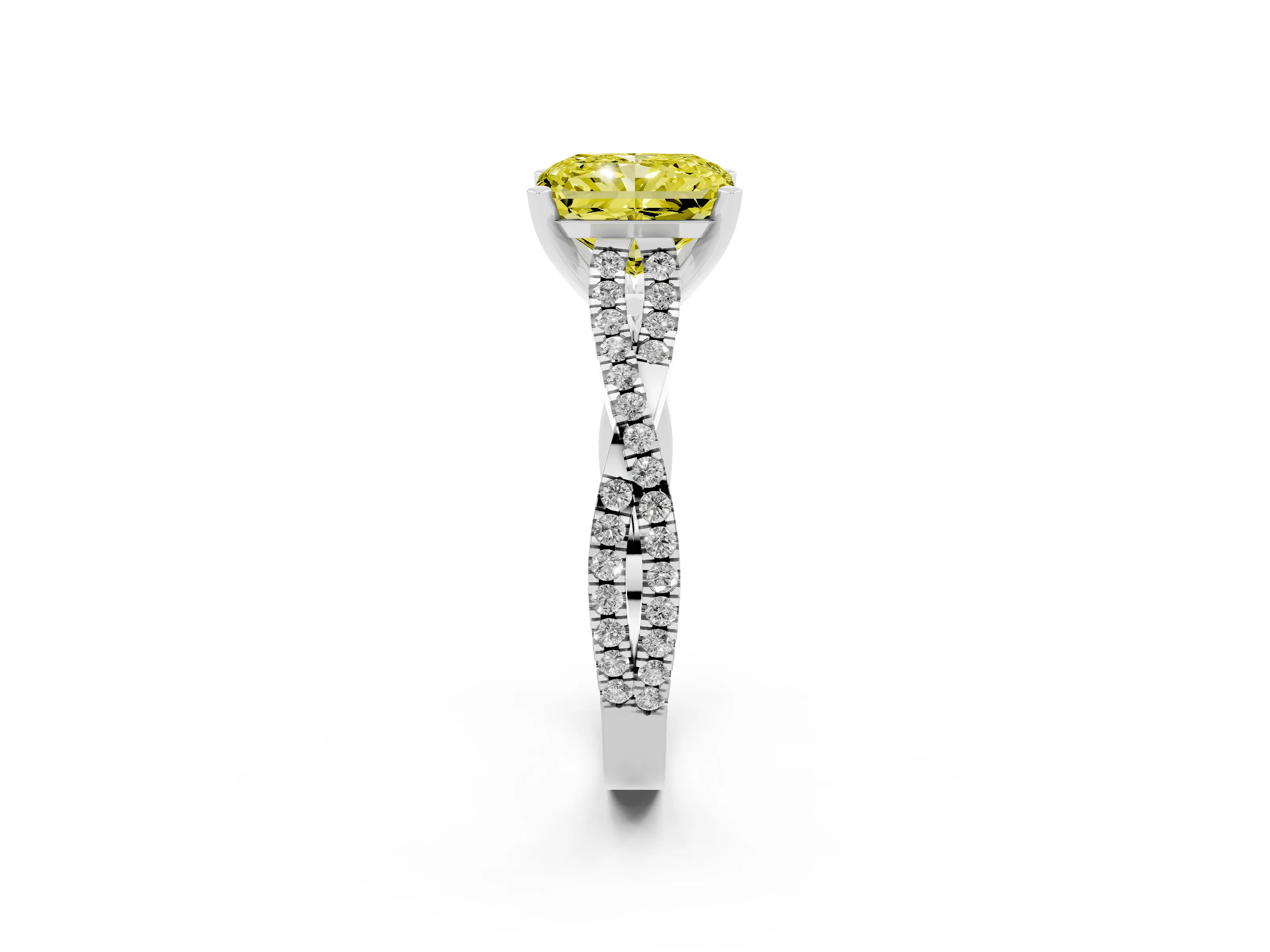 Fancy Yellow Radiant Cut Diamond Solitaire Engagement Ring Set in Platinum with Twisted Pavé Band and Prong Setting