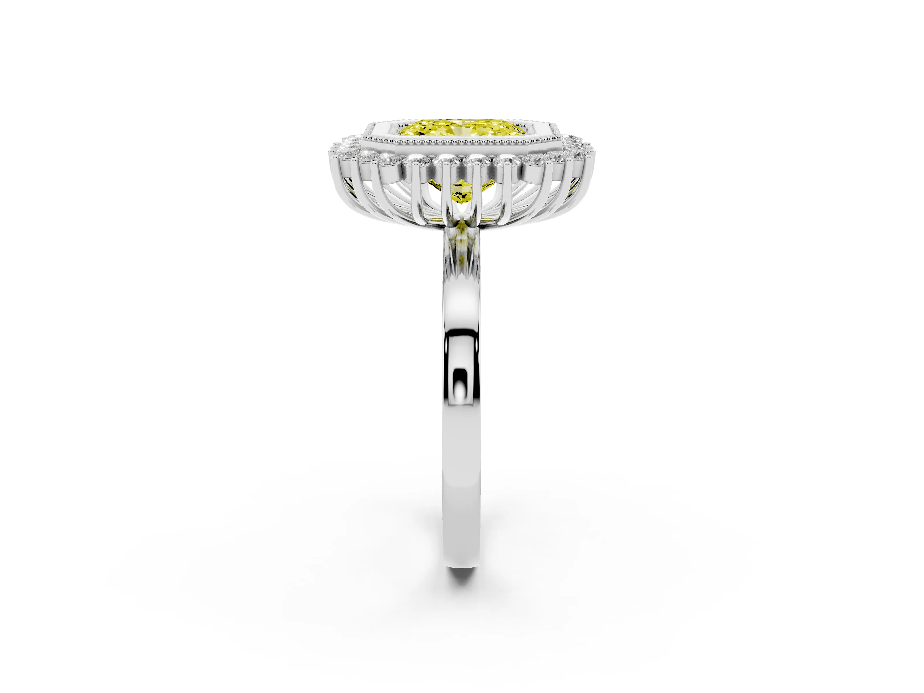 Fancy Yellow Radiant Cut Diamond Halo Ring Set in Silver with Milgrain Edge and Round Prong Setting