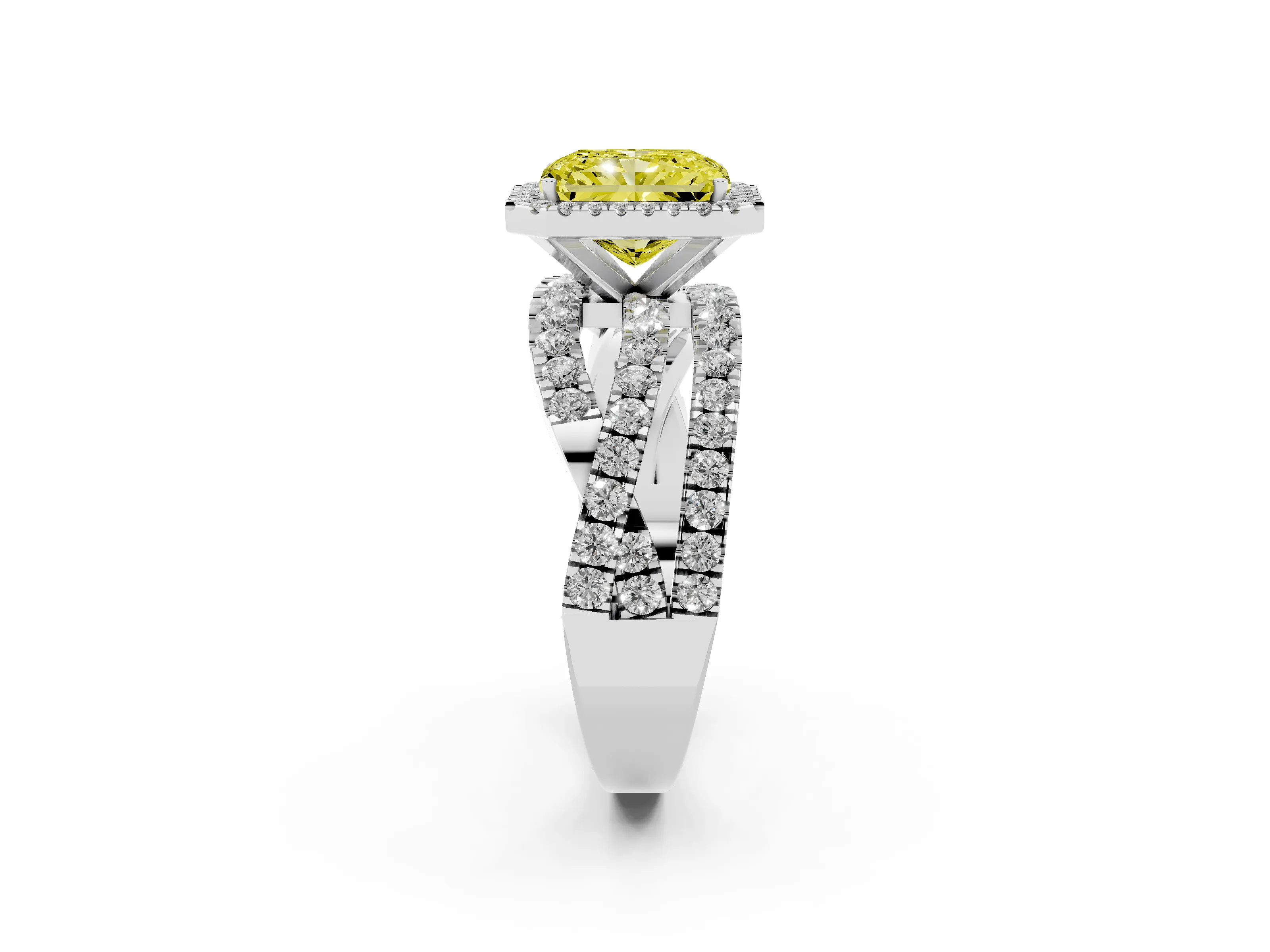 Fancy Yellow Radiant Cut Diamond Halo Ring Set in Platinum with Round Crossover Split Shank and Prong Setting