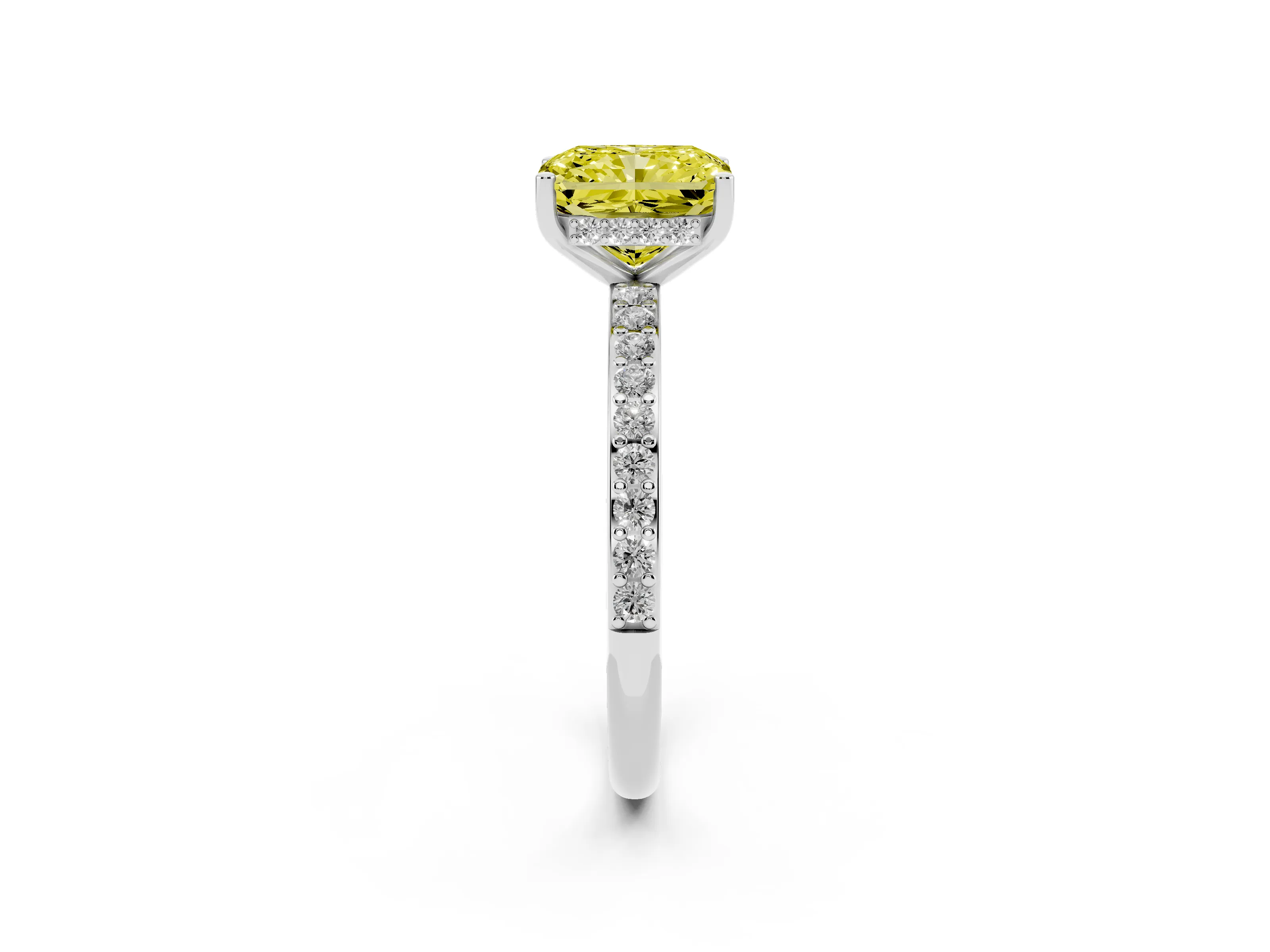 Fancy Yellow Radiant Cut Diamond Pavé Band Ring Set in White gold with Prong-Set Center Stone