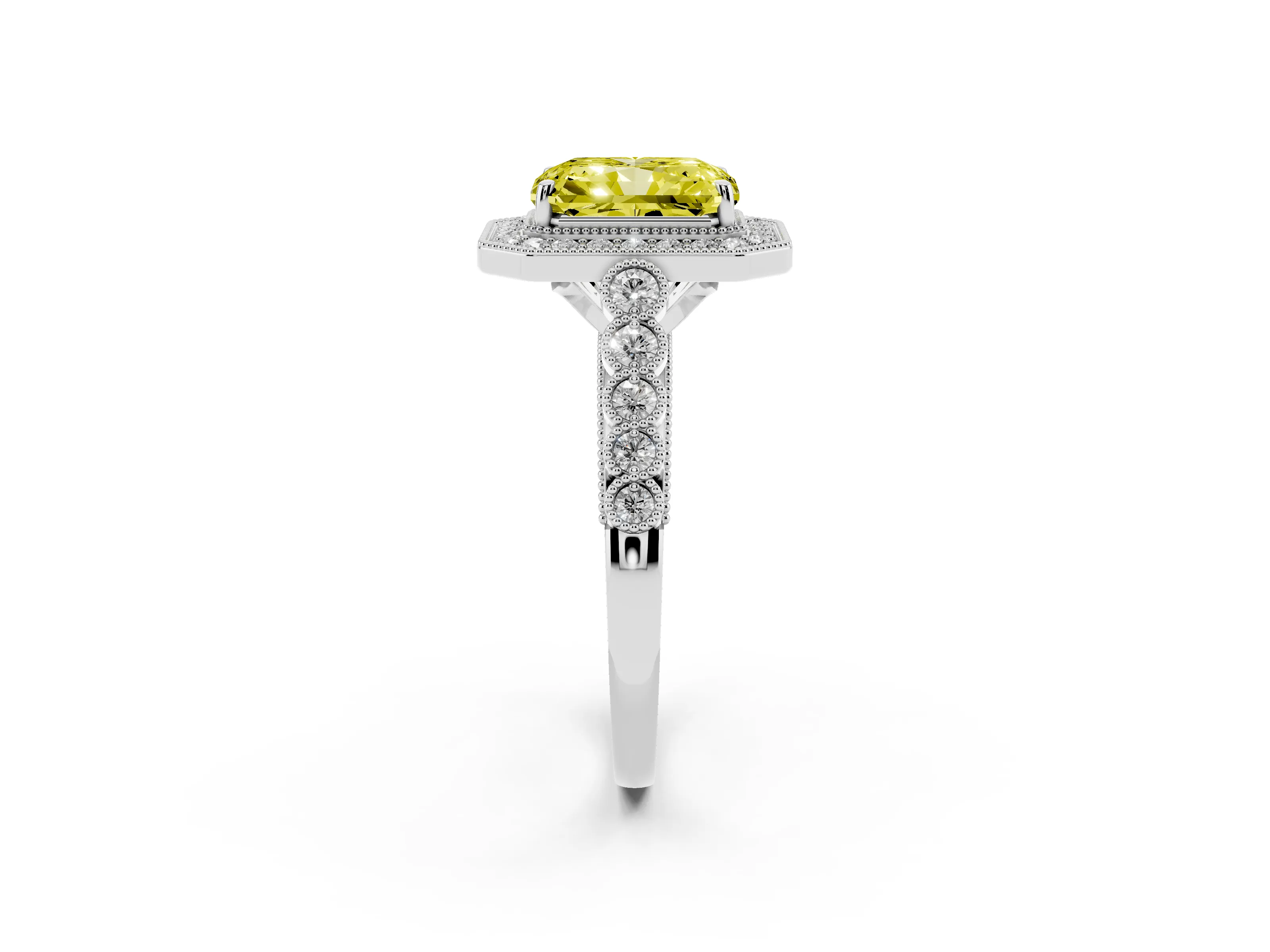 Fancy Yellow Radiant Cut Diamond Milgrain Halo Solitaire Ring Set in White gold with Bezel Set Side Stones and Pavé Band