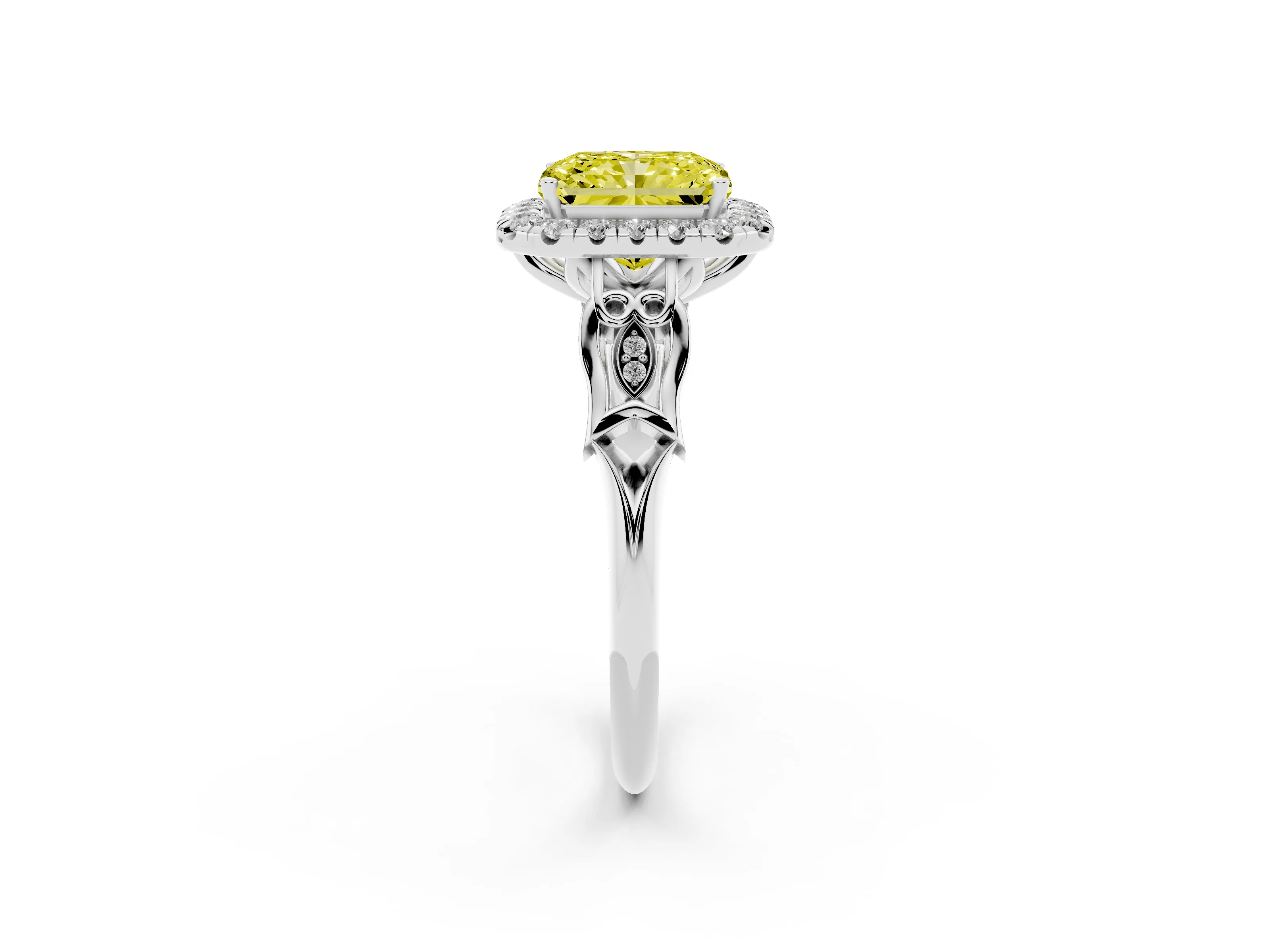 Fancy Yellow Radiant Cut Diamond Halo Engagement Ring Set in White gold with Filigree Band and Prong-Set Center