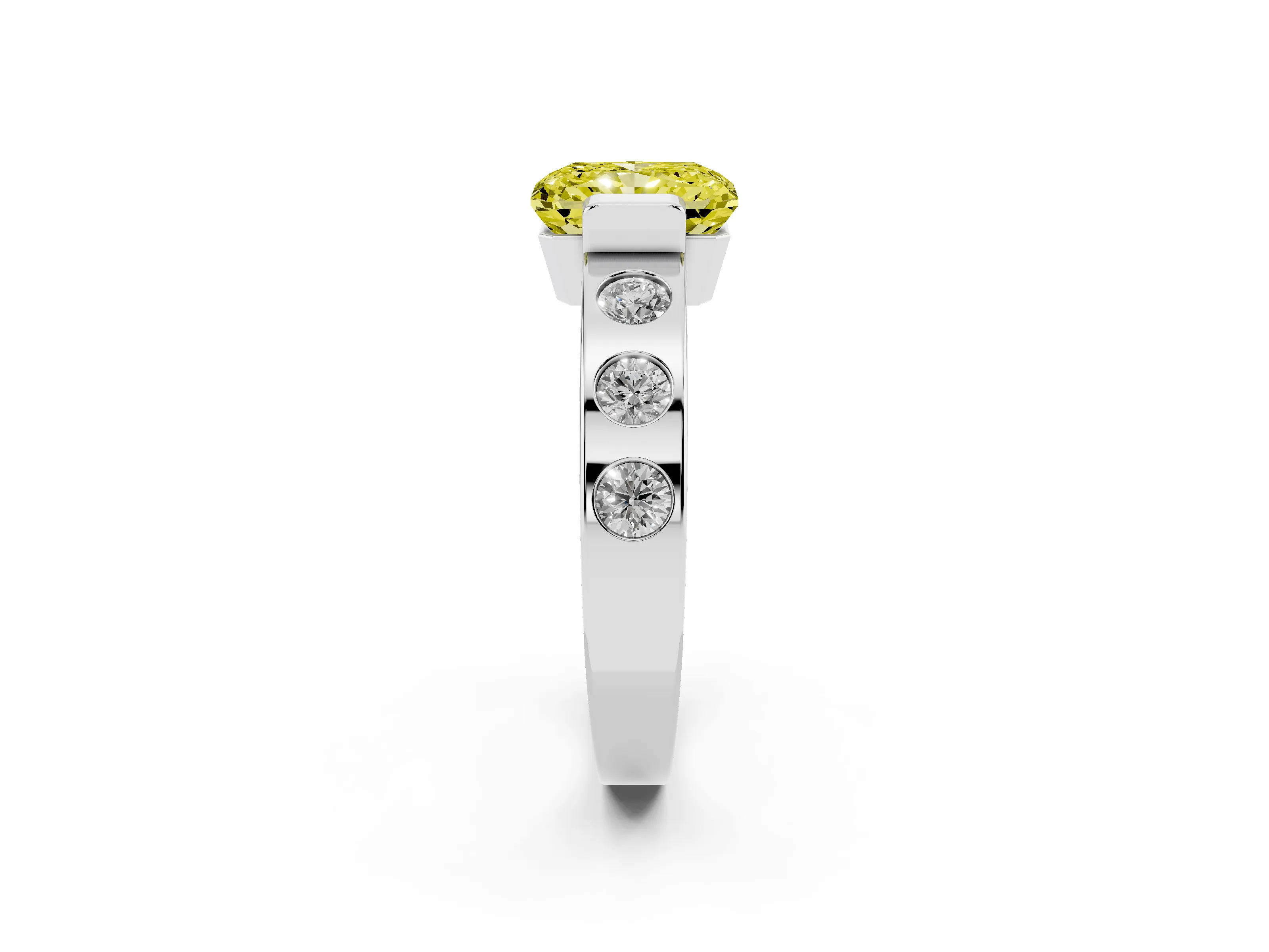 Fancy Yellow Radiant Cut Diamond Channel-Set Band Ring Set in Platinum with Bezel Prong Setting