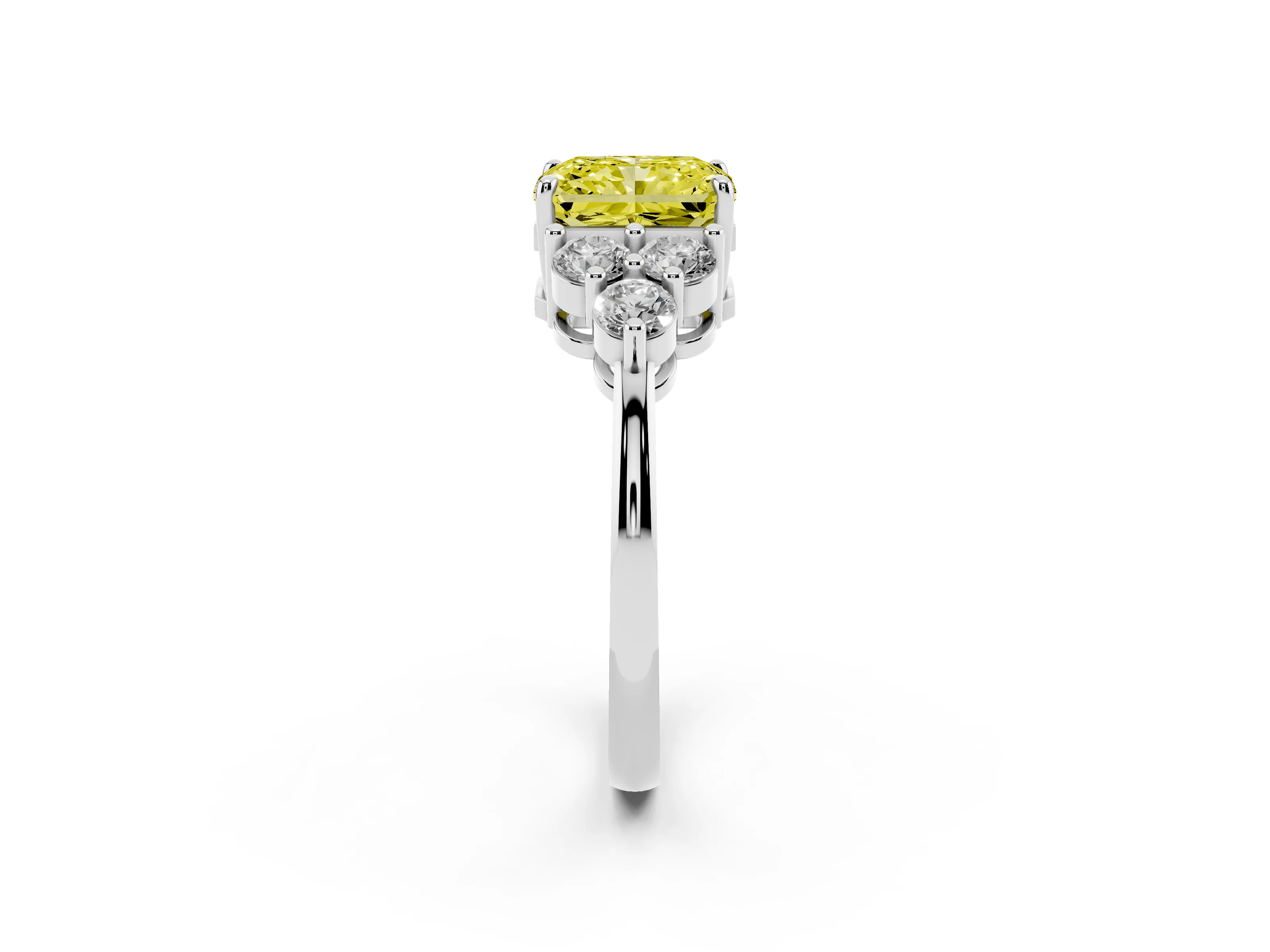 Fancy Yellow Radiant Cut Diamond Solitaire Ring Set in White gold with Cluster Accents on Each Side