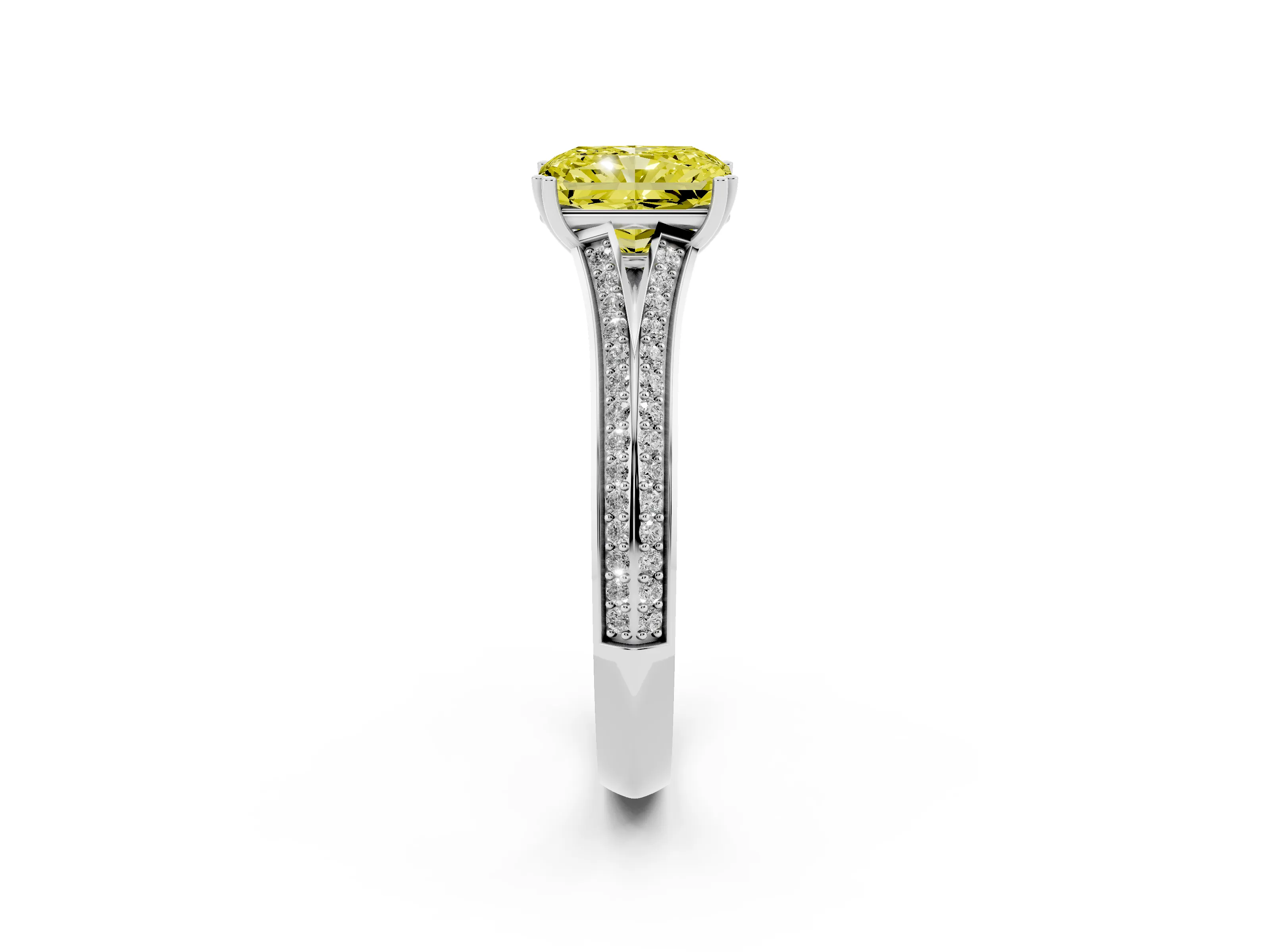 Fancy Yellow Radiant Cut Diamond Split Shank Pavé Engagement Ring Set in Platinum with Prong-Set Center Stone