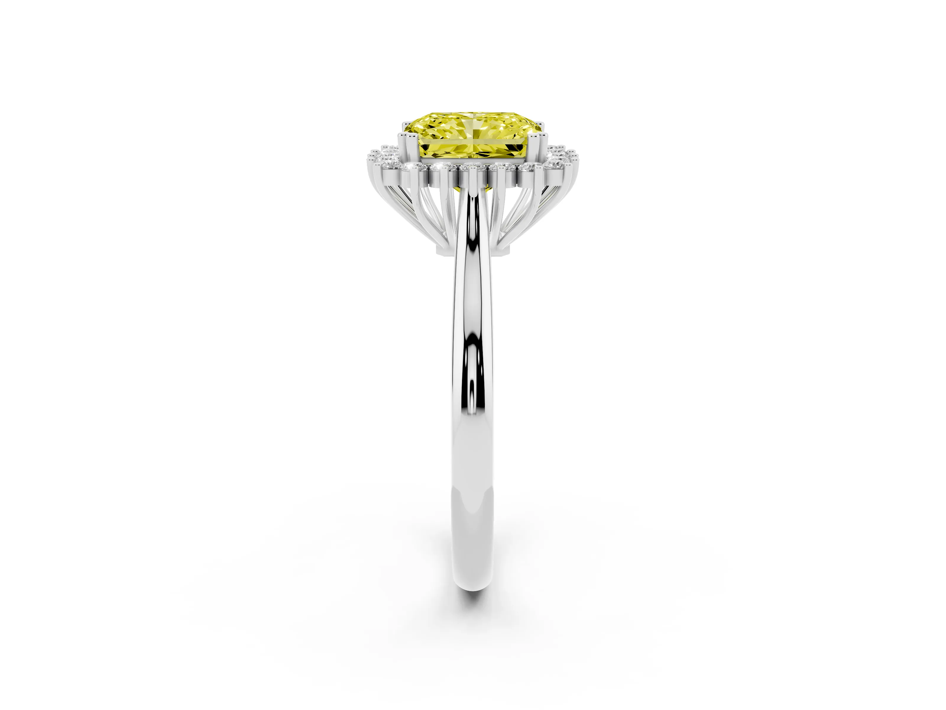 Fancy Yellow Radiant Cut Diamond Halo Ring Set in Silver with Plain Solitaire Band and Prong Setting