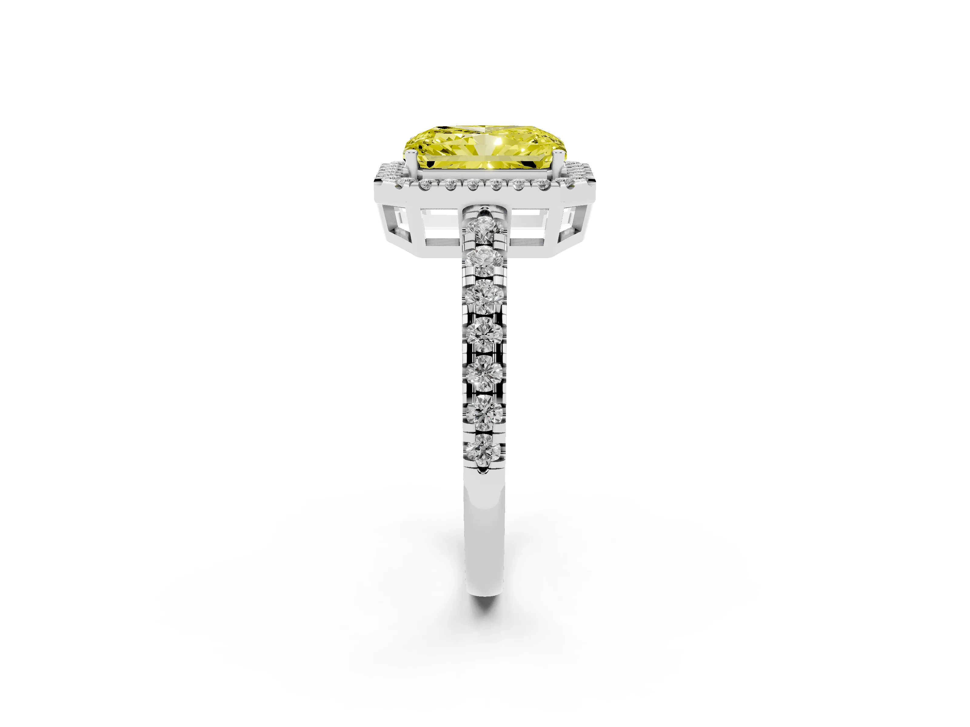 Fancy Yellow Radiant Cut Diamond Halo Ring Set in White gold with Delicate Pavé Band and Prong Setting