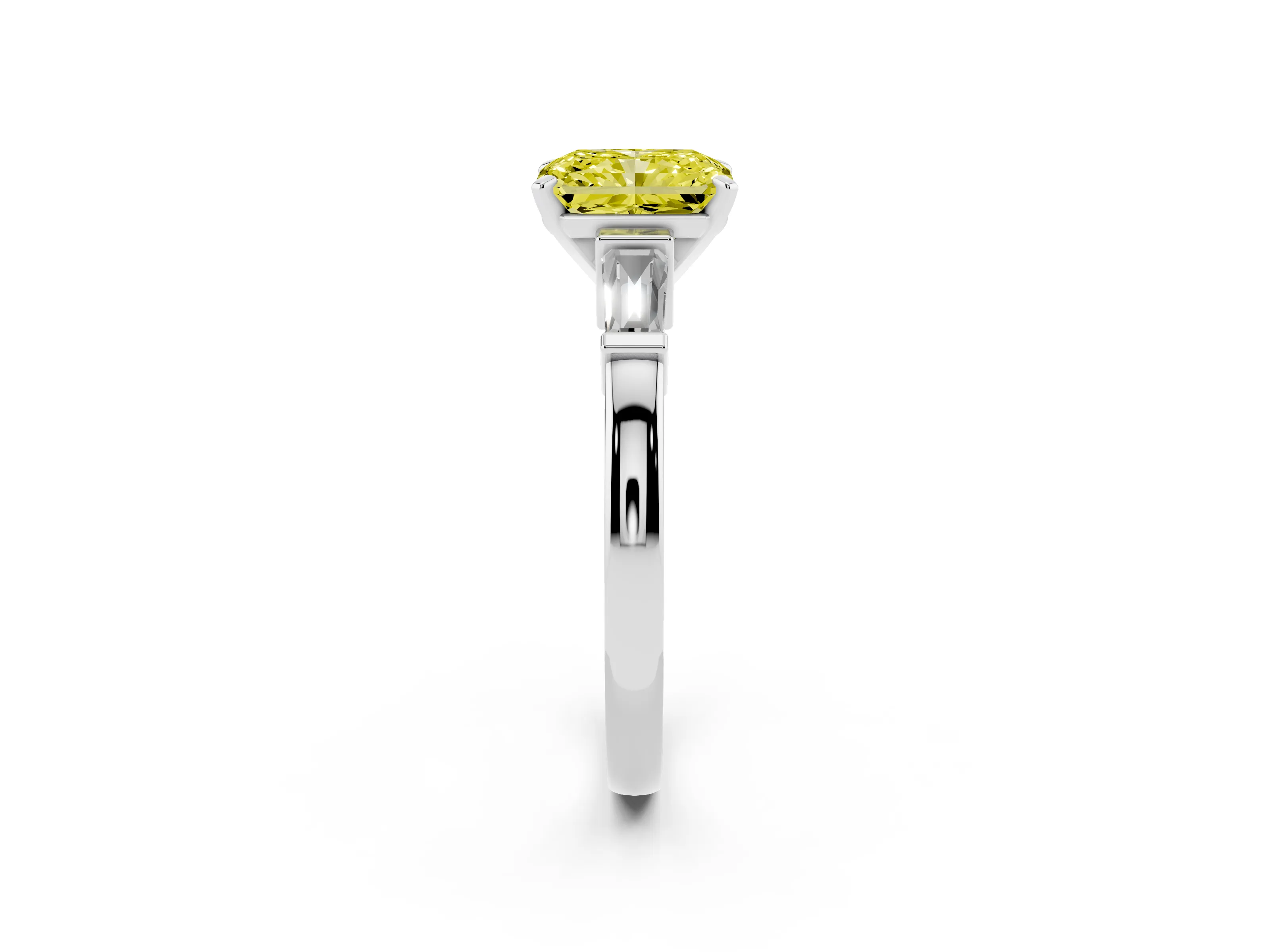 Fancy Yellow Radiant Cut Diamond Solitaire Ring Set in White gold with Tapered Baguette Accents and Prong Setting