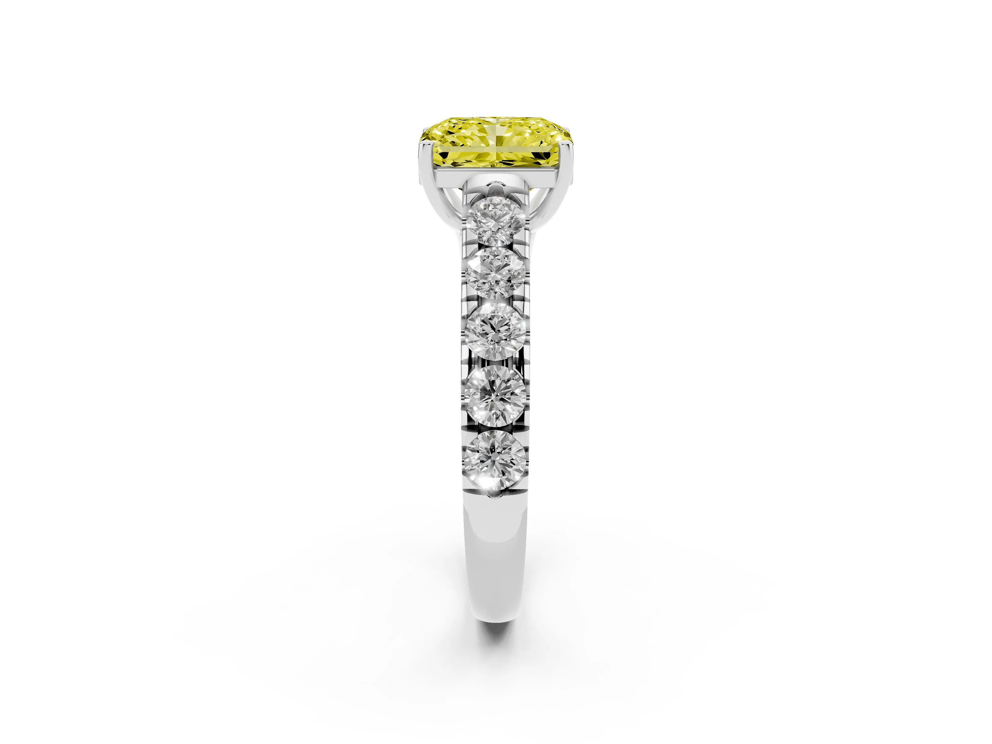 Fancy Yellow Radiant Cut Diamond Solitaire Ring Set in White gold with Cut-Down Micro Pavé Band and Prong Setting