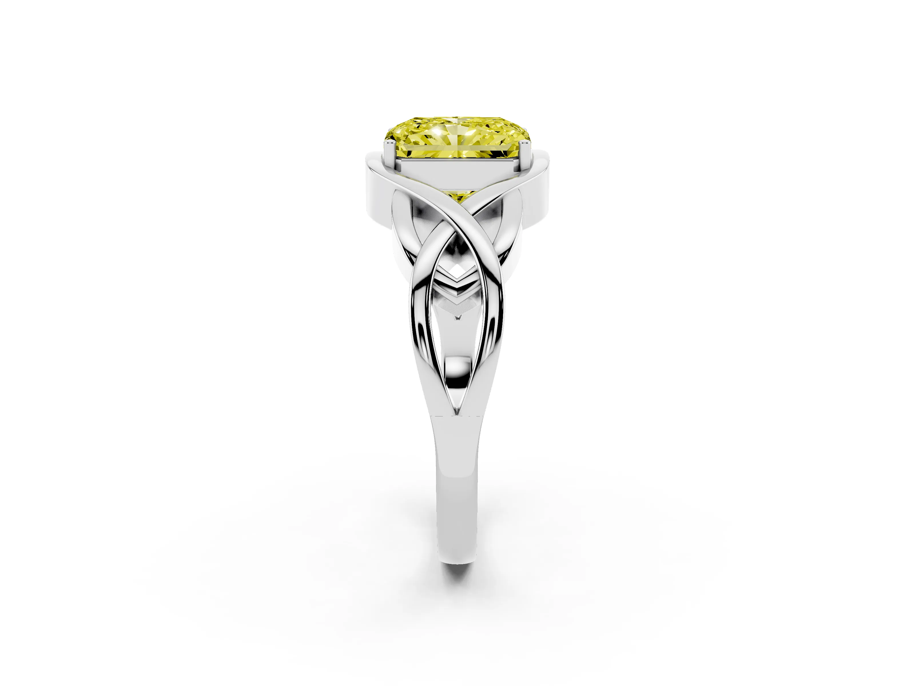 Fancy Yellow Radiant Cut Diamond Solitaire Ring Set in Silver with Intertwined Band