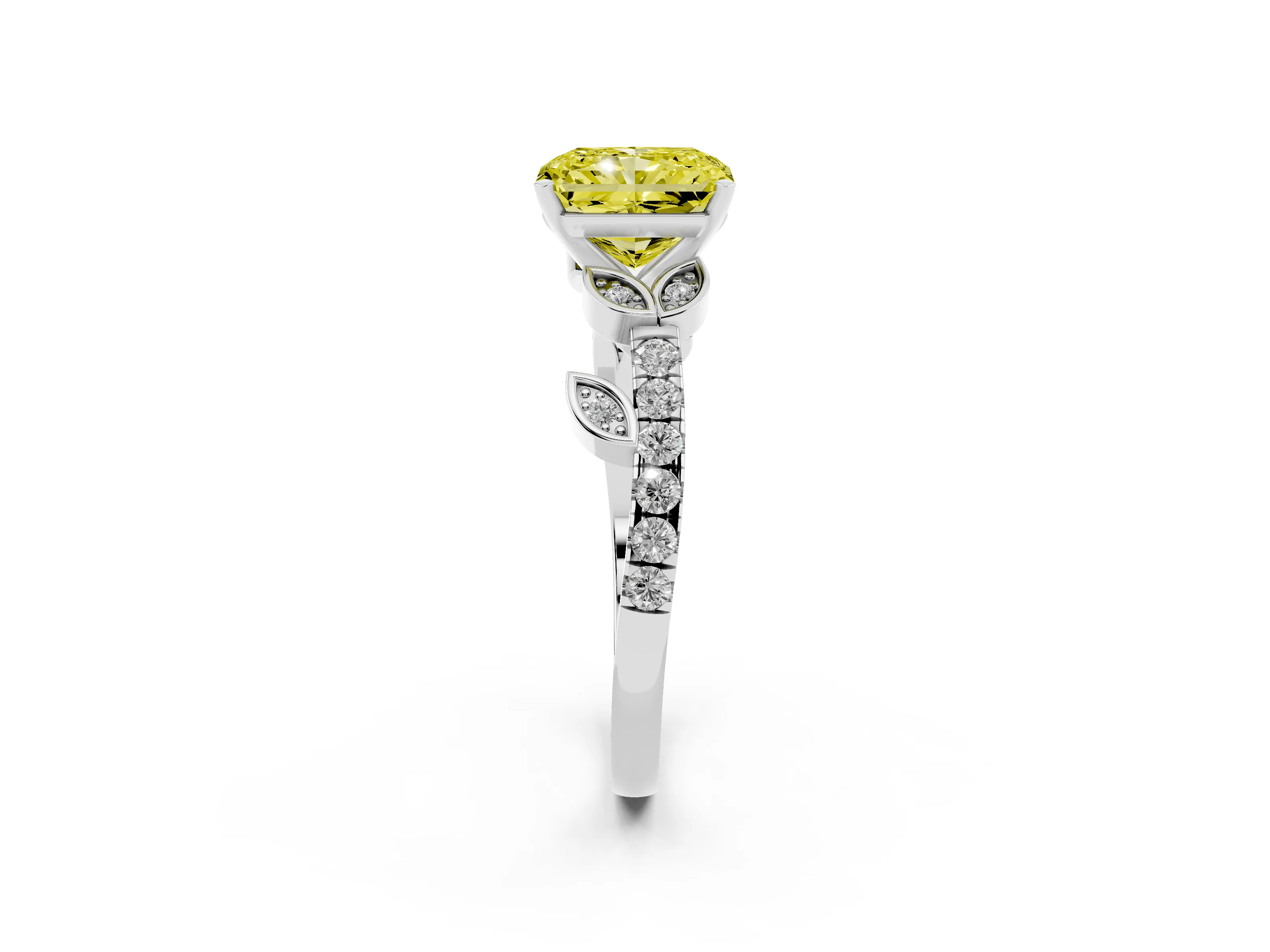 Fancy Yellow Radiant Cut Diamond Solitaire Leaf-Inspired Ring Set in Silver with Pavé Band and Prong Setting