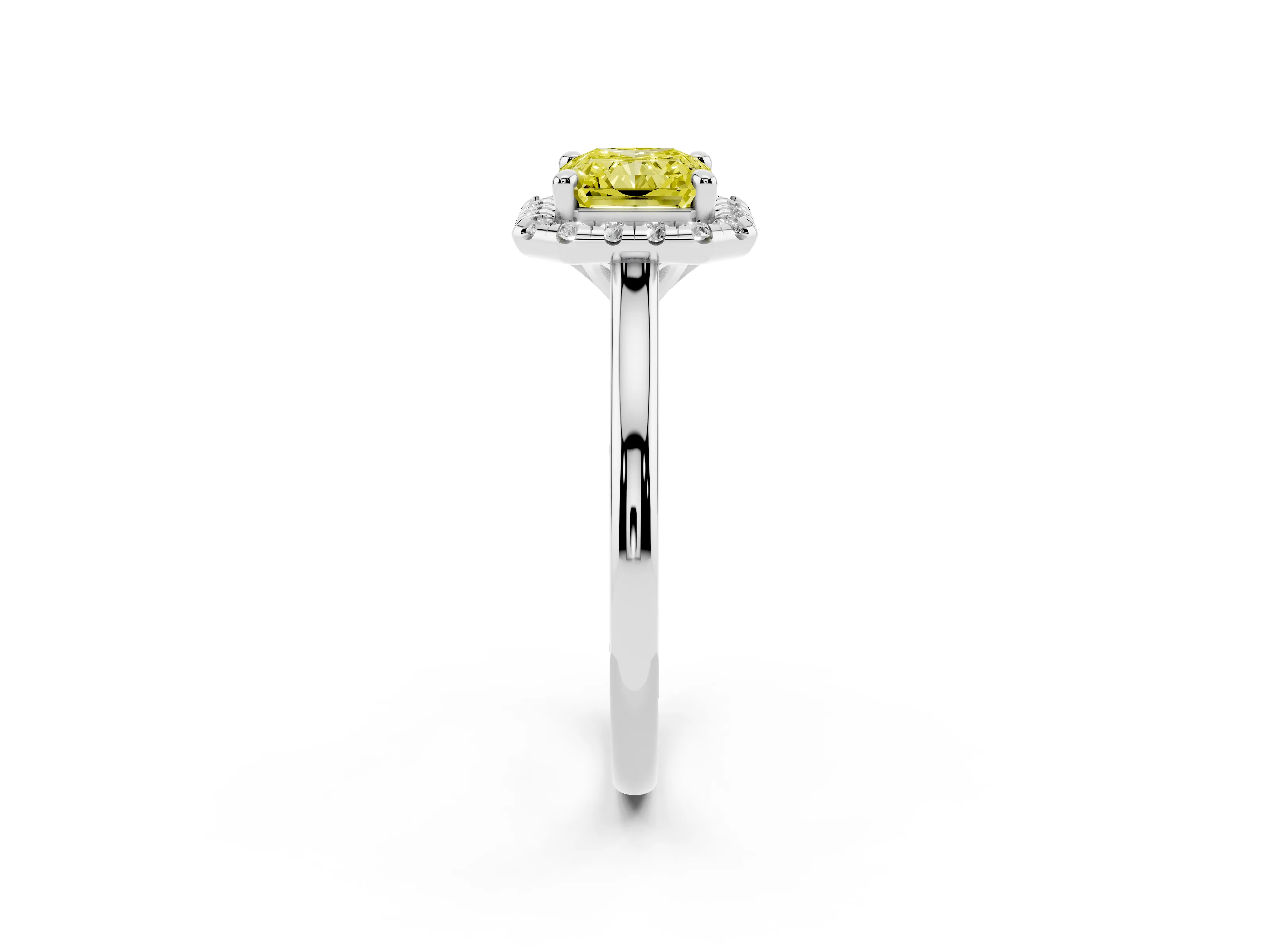 Fancy Yellow Radiant Cut Diamond Halo Engagement Ring Set in White gold with Pavé Band and Rising Shoulders