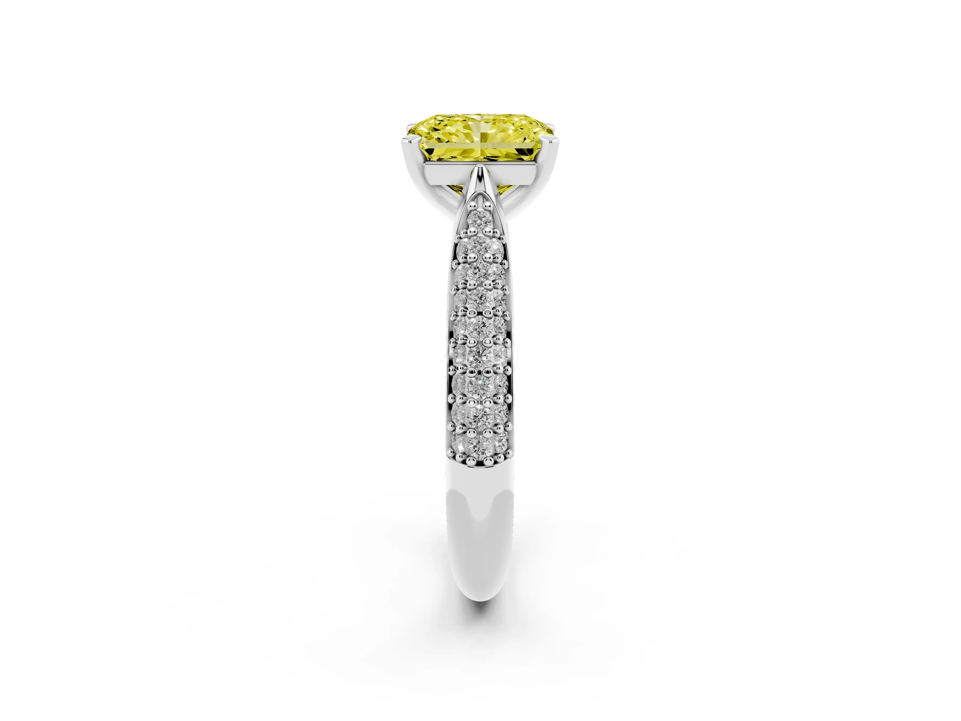 Fancy Yellow Radiant Cut Diamond Solitaire Engagement Ring Set in Platinum with Multi-Row Round Pavé Band and Prong Setting