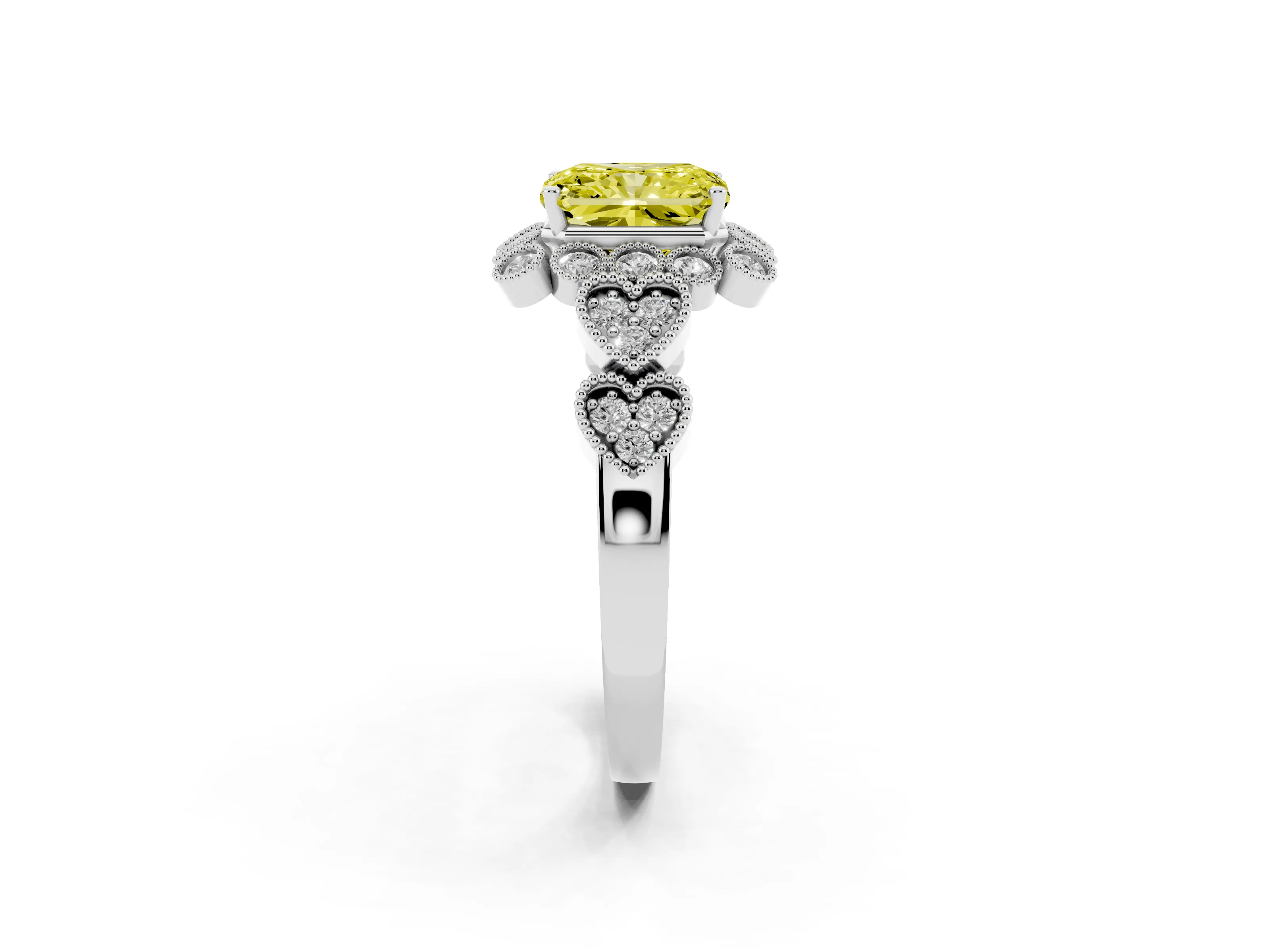 Fancy Yellow Radiant Cut Diamond Solitaire Ring Set in Platinum with Milgrain Pavé Heart Band