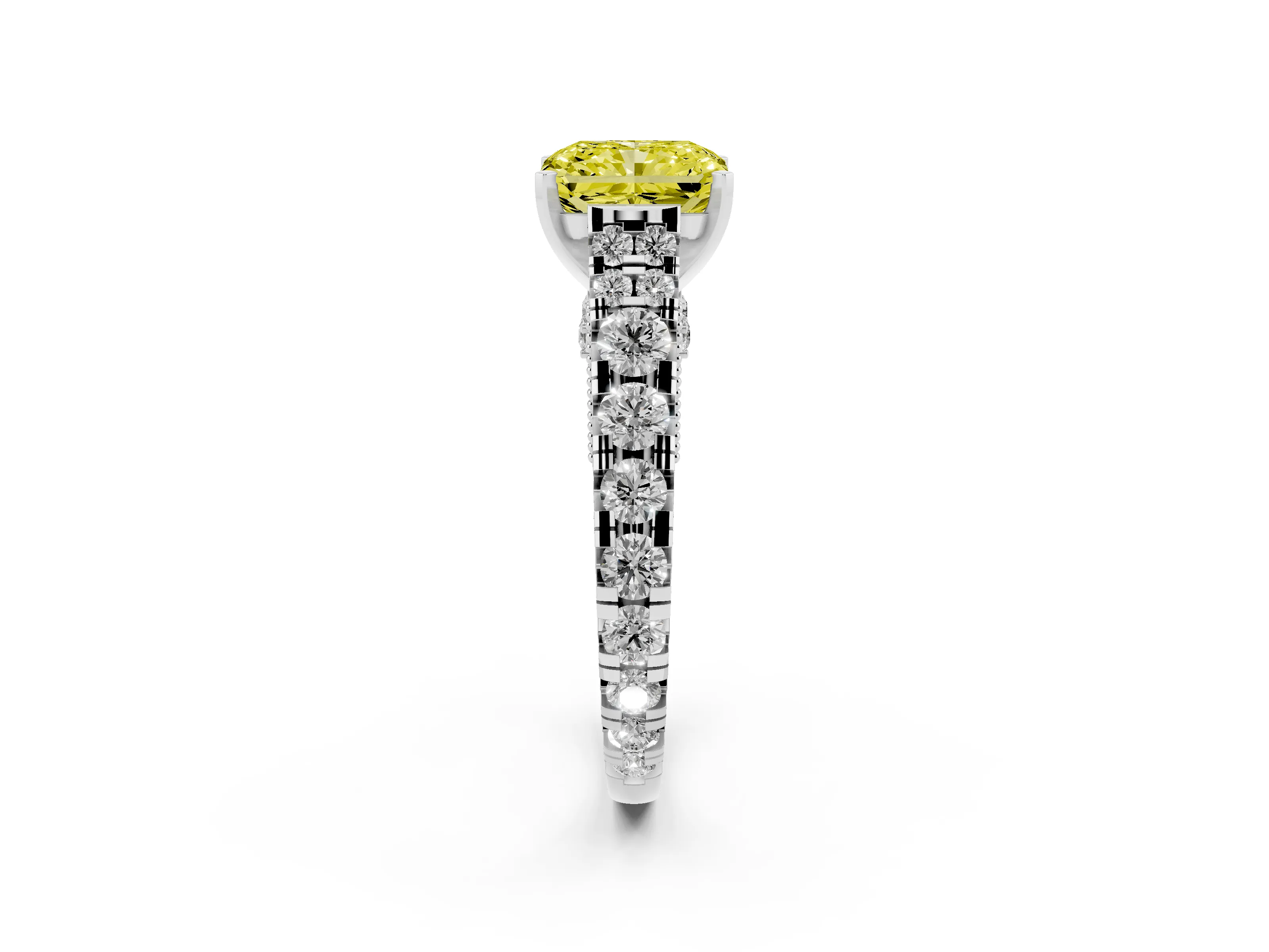 Fancy Yellow Radiant Cut Diamond Classic Solitaire Ring Set in Silver with Pavé Band and Prong Setting