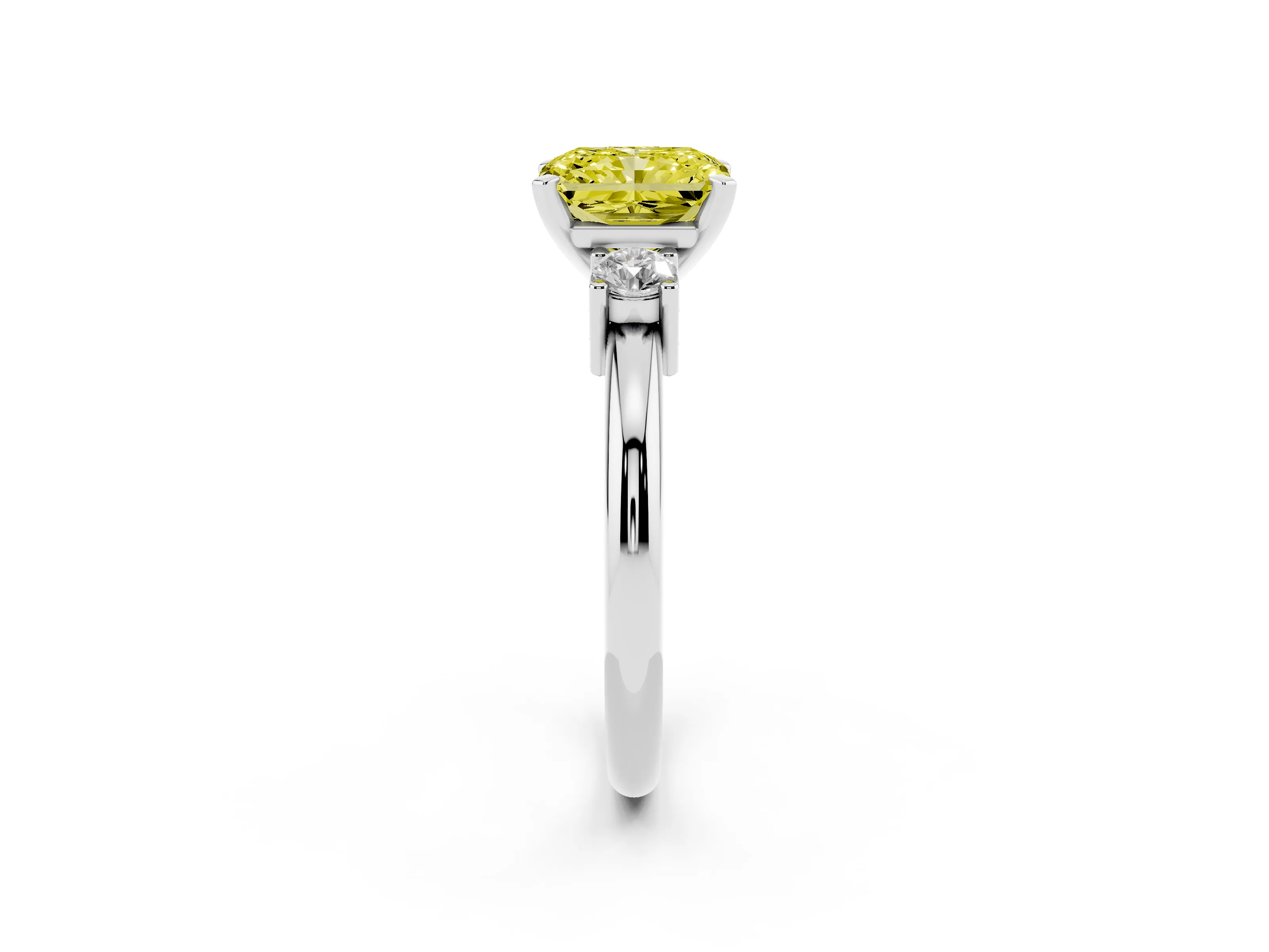 Fancy Yellow Three-Stone Radiant Cut Diamond Ring Set in White gold with Prong Setting and Plain Band