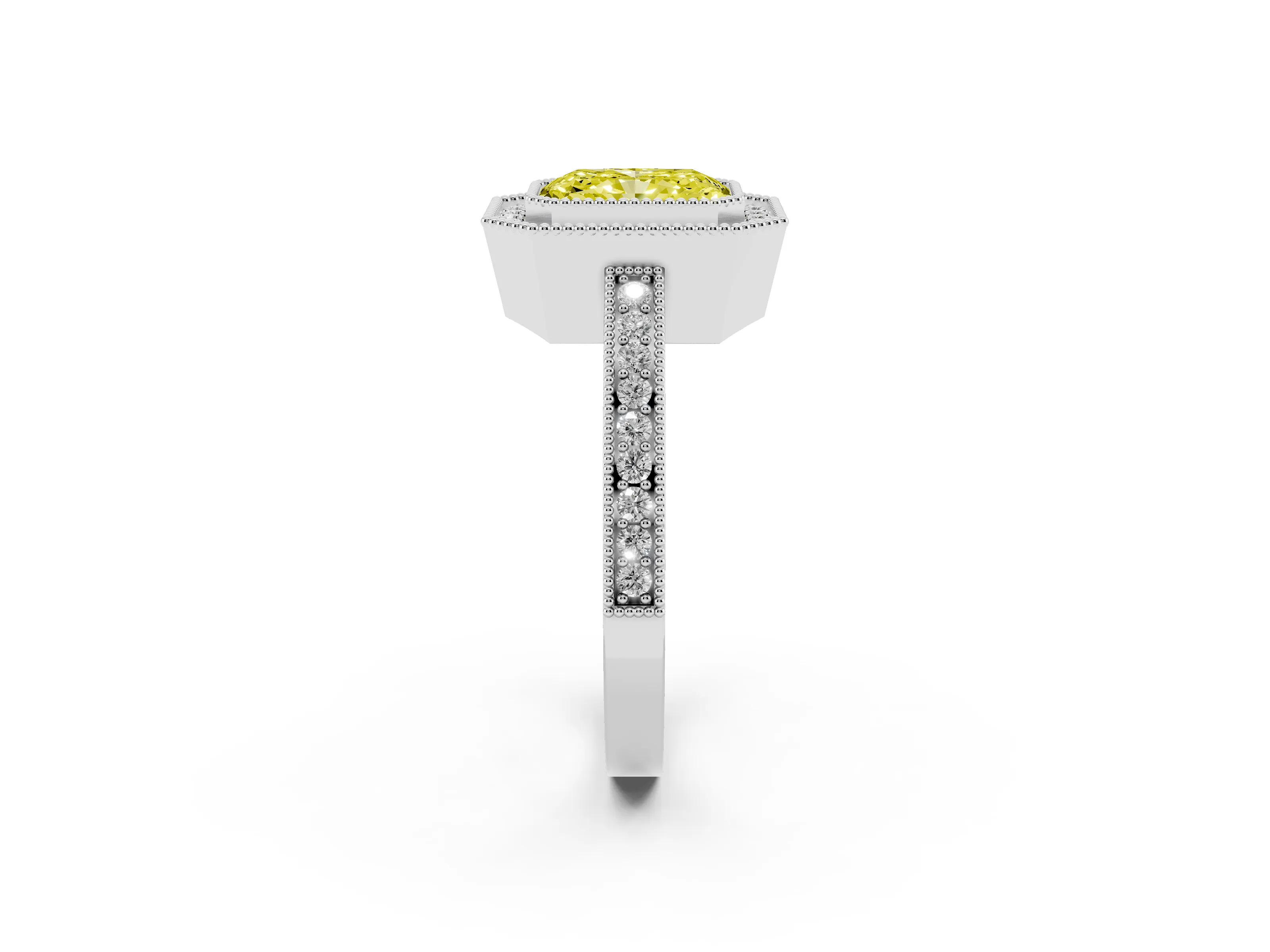 Fancy Yellow Radiant Cut Diamond Round Halo Ring Set in White gold with Pavé Band