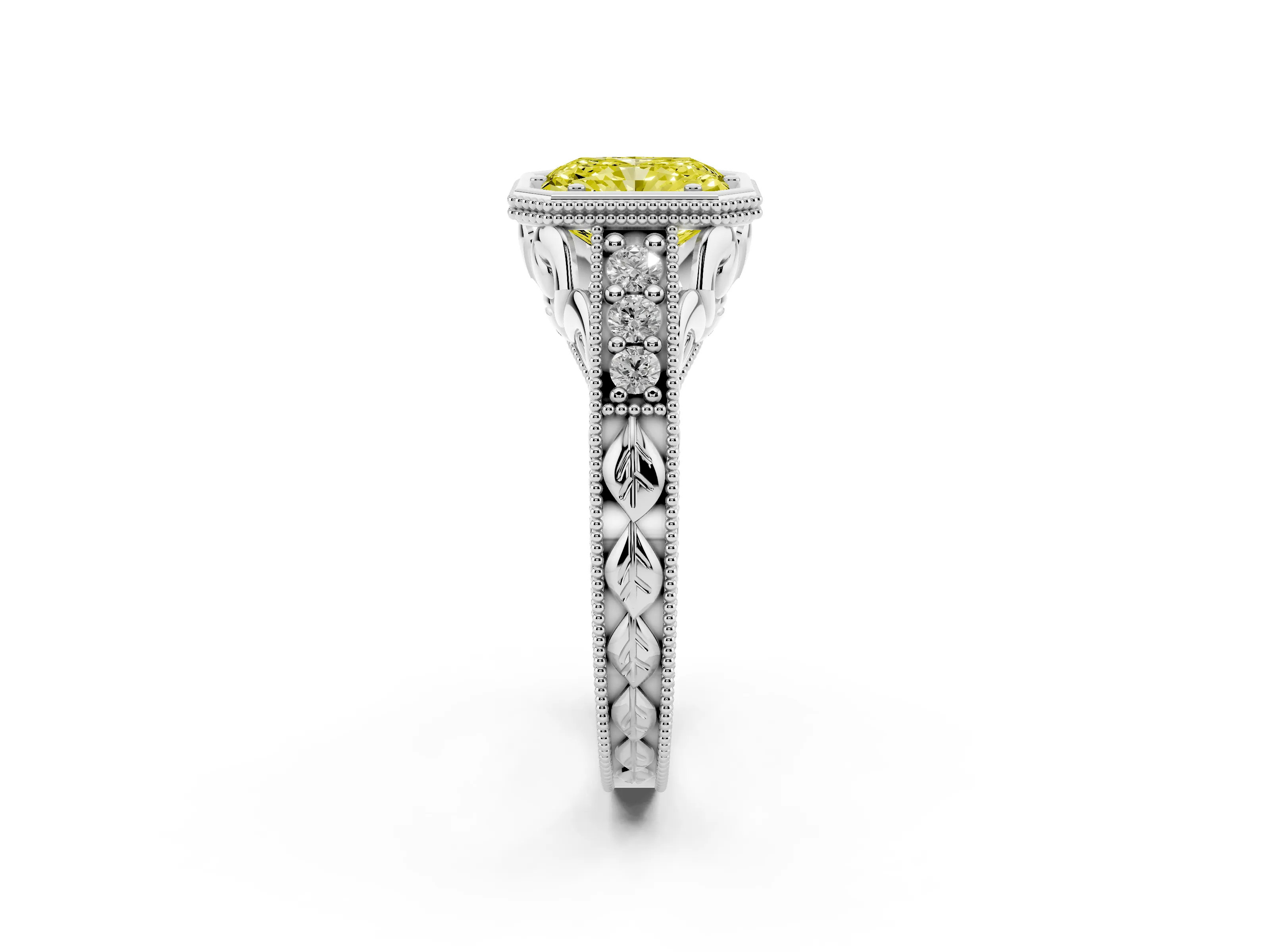 Fancy Yellow Bezel Set Radiant Cut Diamond Milgrain Pavé Engagement Ring Set in Silver