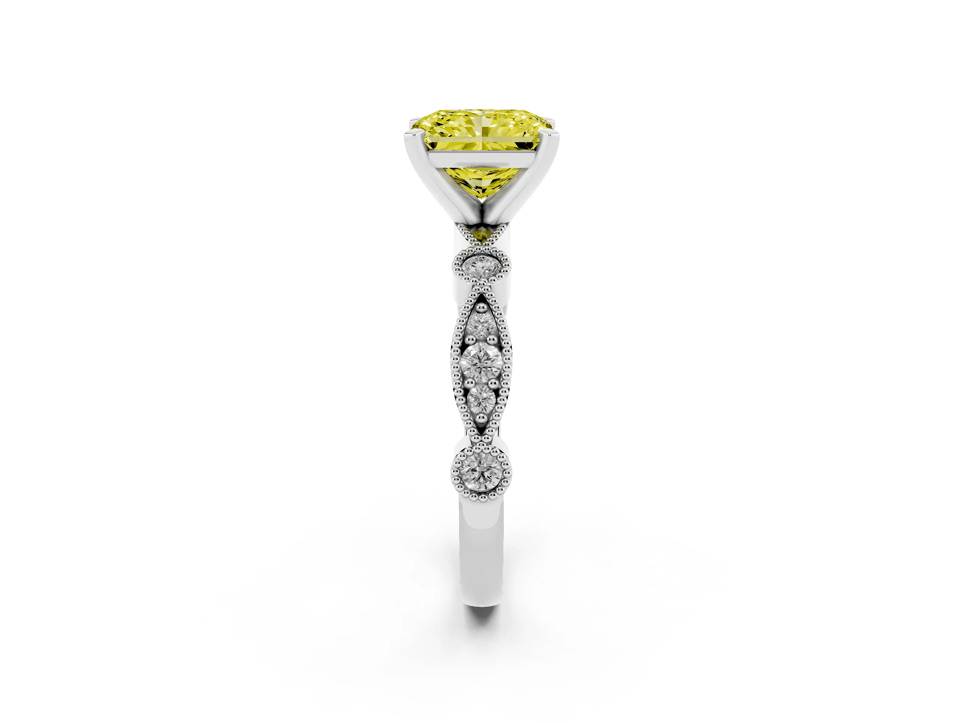 Fancy Yellow Radiant Cut Diamond Solitaire Engagement Ring Set in White gold with Milgrain Bezel Accent Band