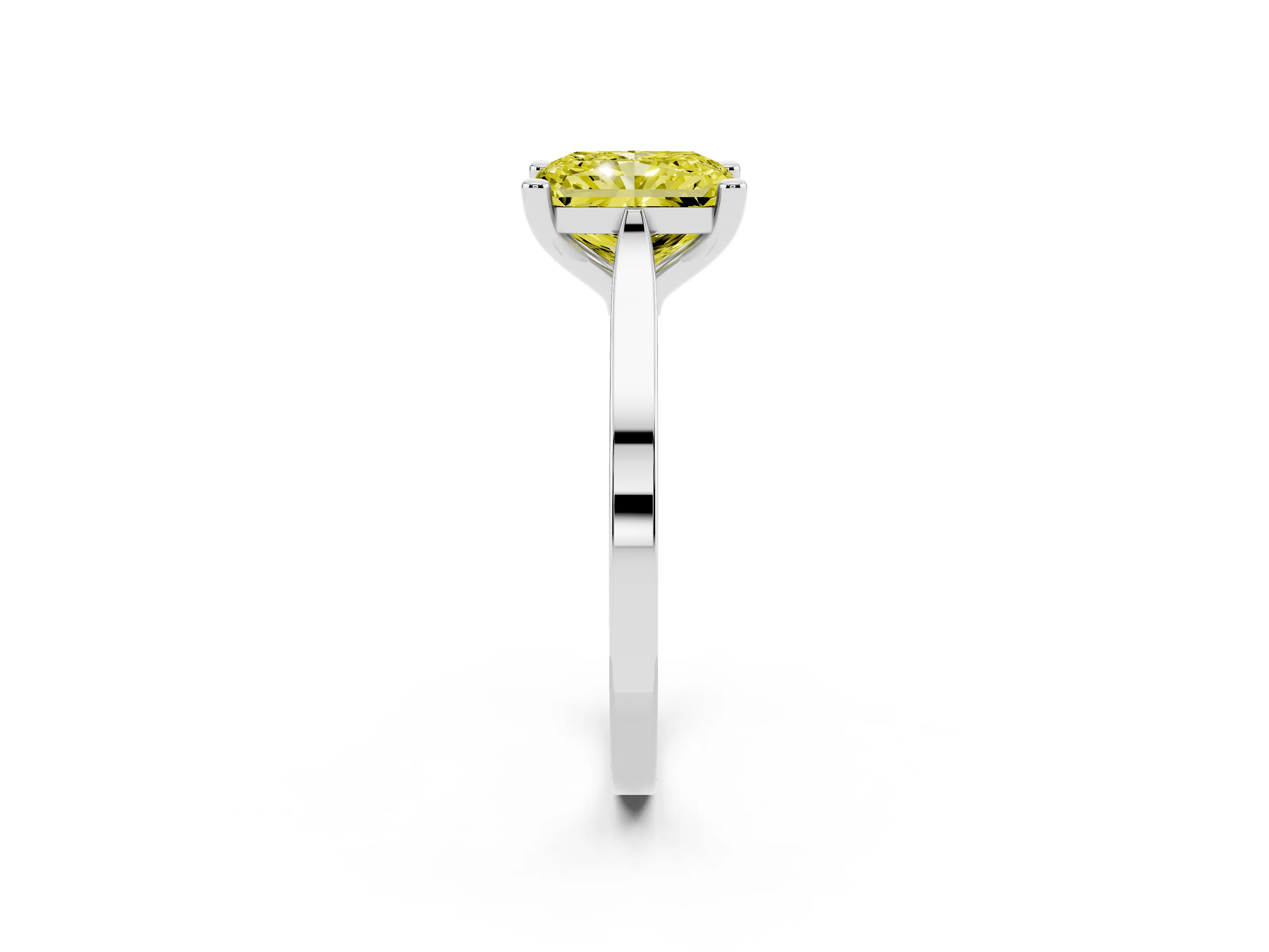Fancy Yellow Radiant Cut Diamond Solitaire Ring Set in Platinum with Prong Setting and Tapered Band