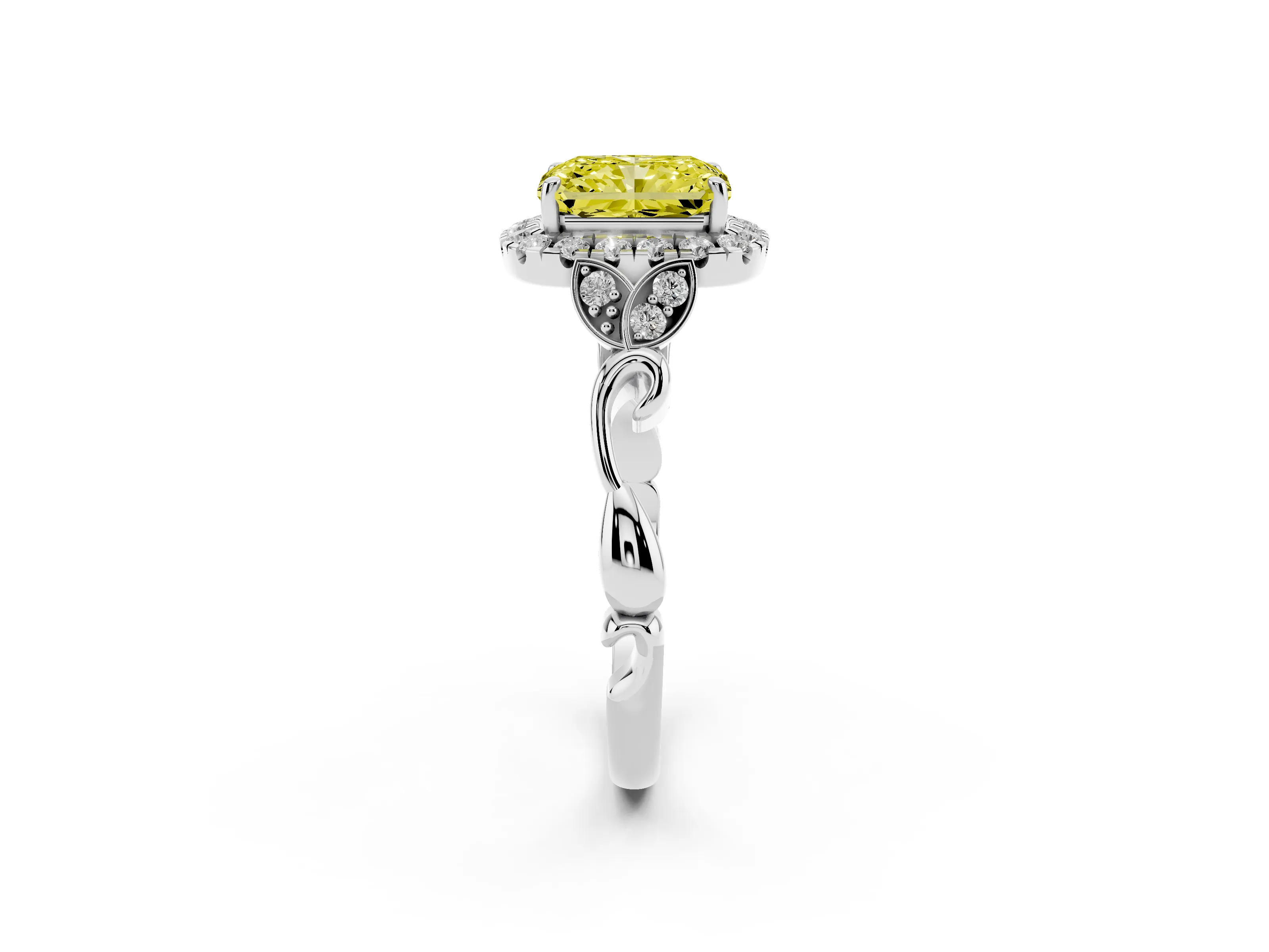 Fancy Yellow Radiant Cut Diamond Halo Engagement Ring Set in White gold with Vintage-Inspired Band and Prong Setting