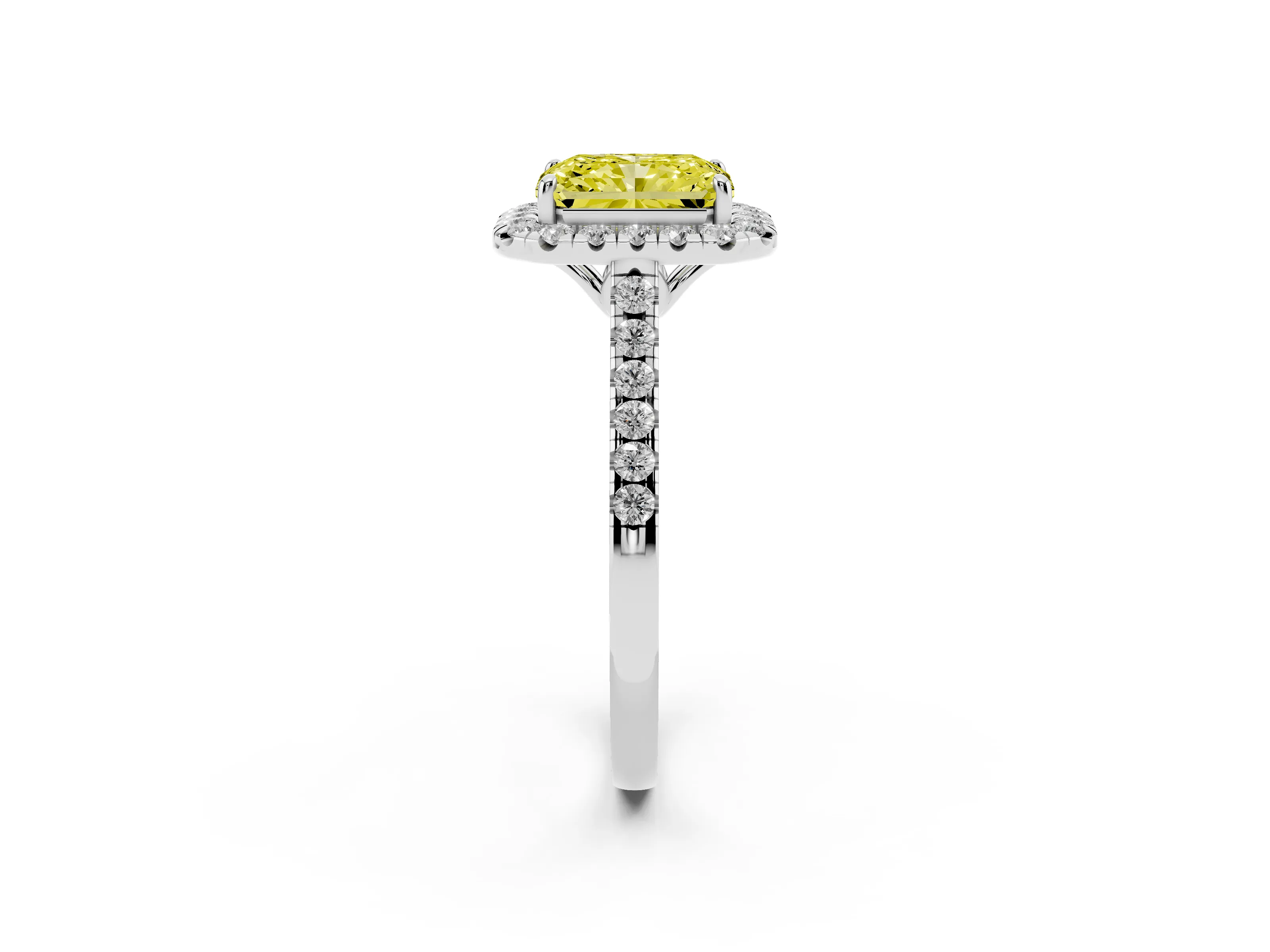 Fancy Yellow Radiant Cut Diamond Pavé Halo Engagement Ring Set in White gold with Pavé Band and Prong Setting