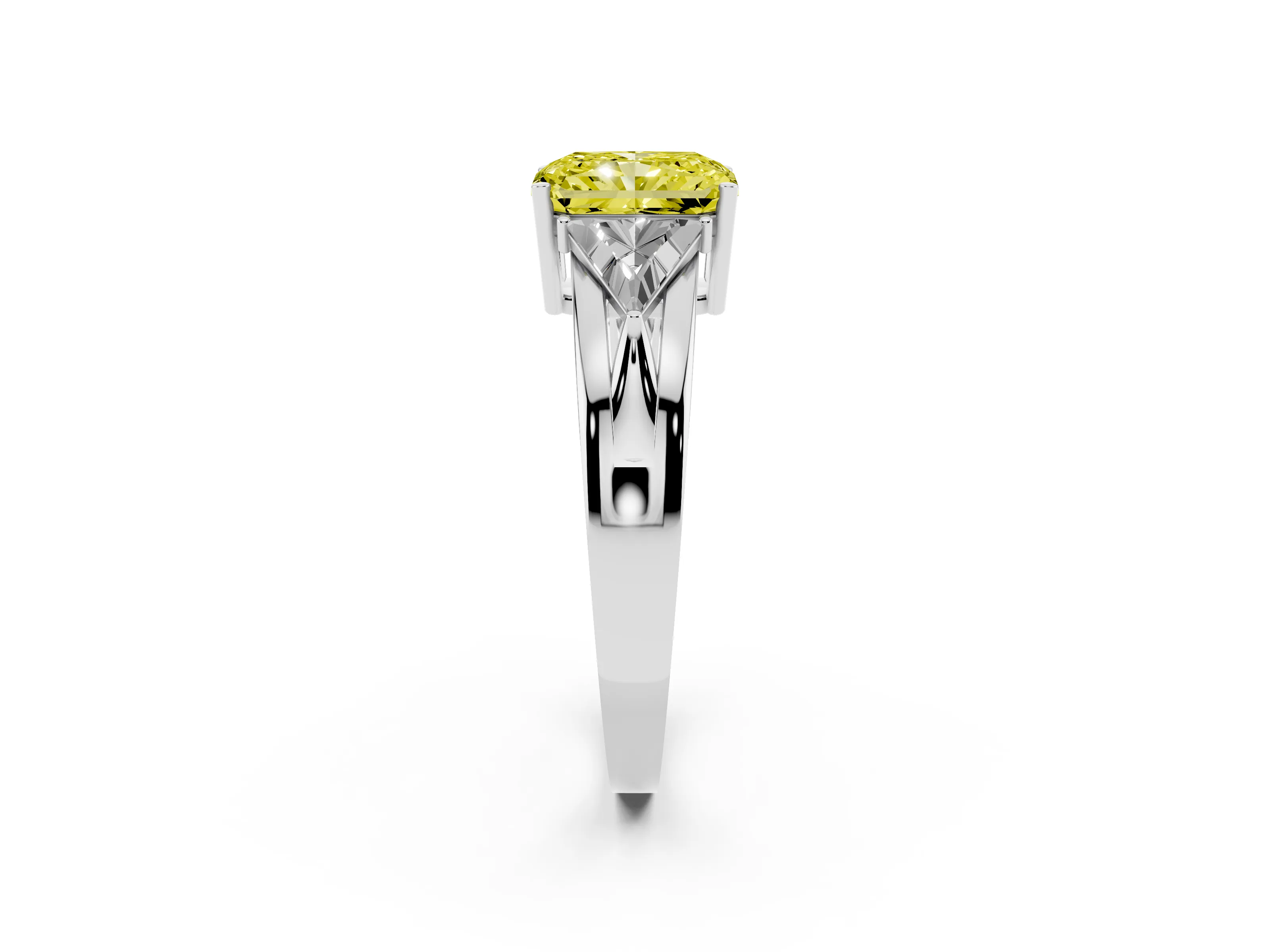 Fancy Yellow Radiant Cut Diamond Three-Stone Ring Set in White gold with Trillion Side Stones and Split Shank