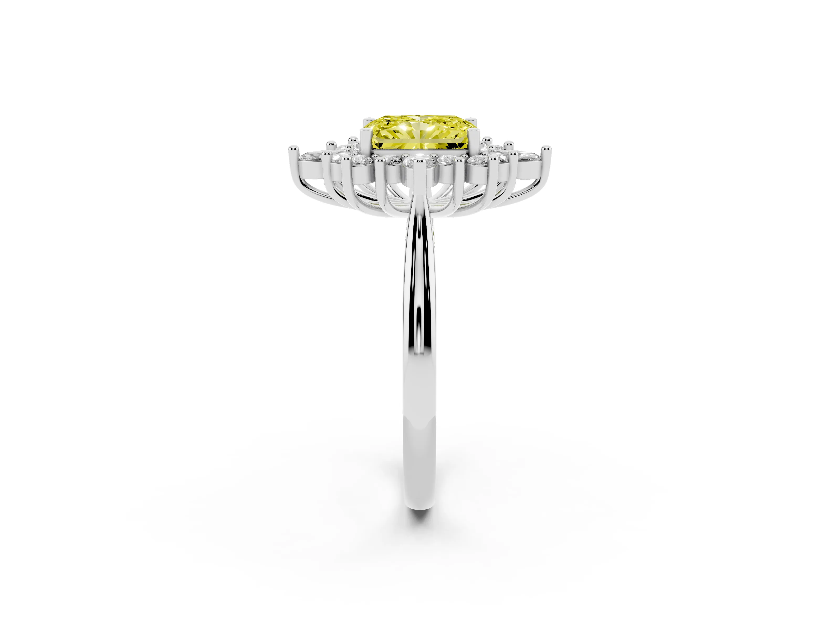 Fancy Yellow Radiant Cut Diamond Cluster Halo Ring Set in Platinum with Marquise and Round Accents