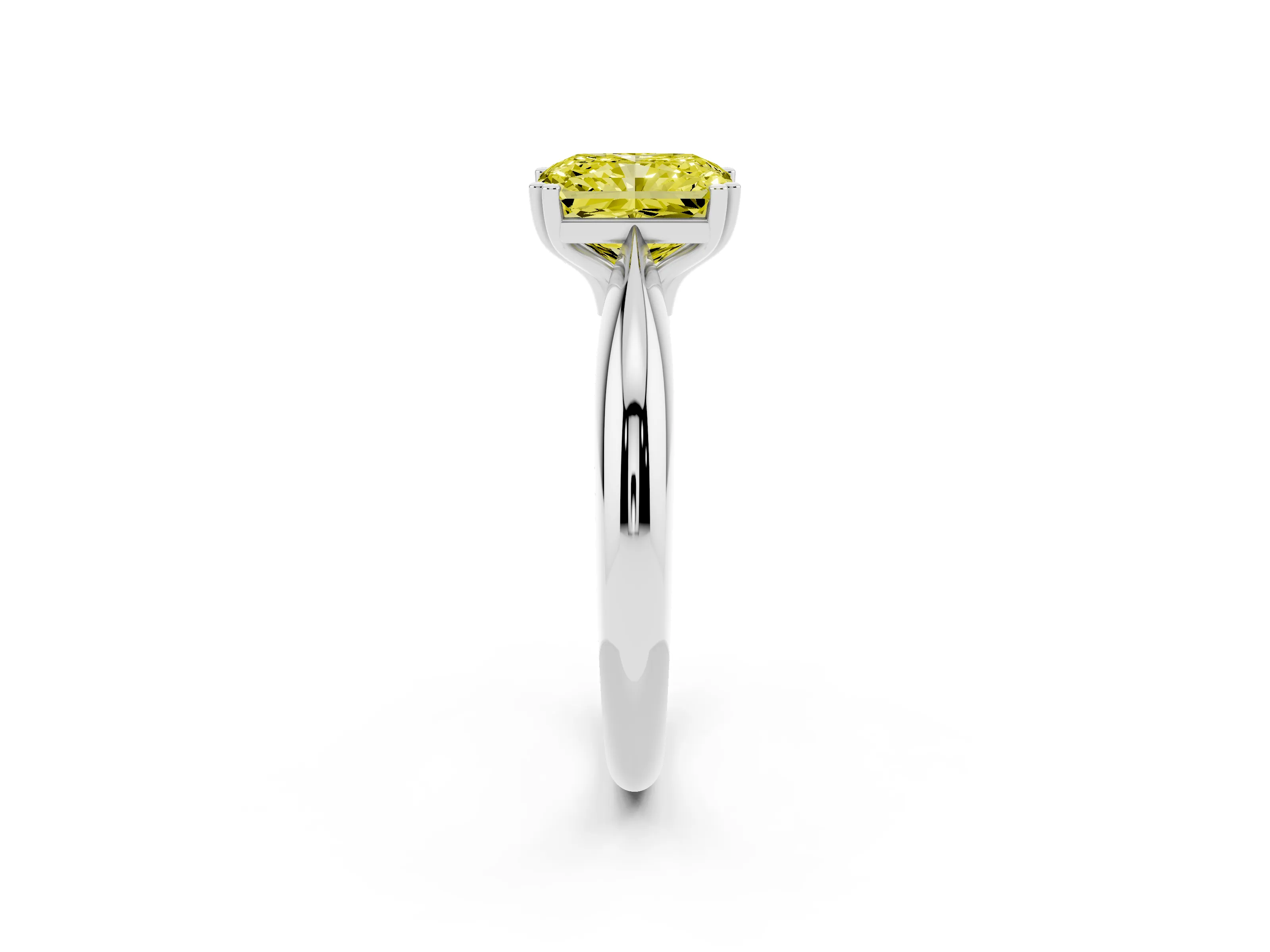Fancy Yellow Radiant Cut Diamond Solitaire Engagement Ring Set in White gold with Tapered Band and Prong Setting