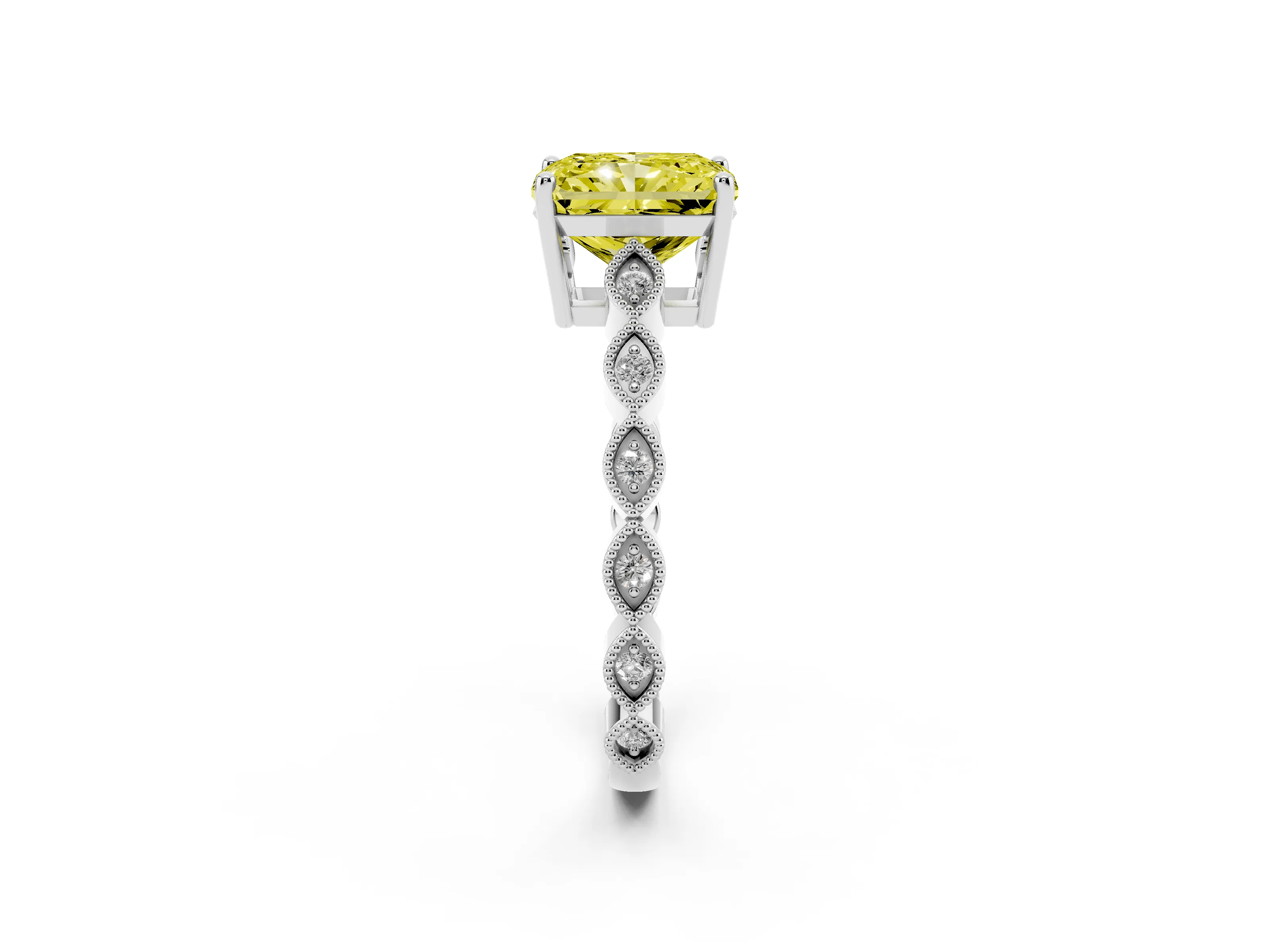 Fancy Yellow Radiant Cut Diamond Solitaire Ring Set in Platinum with Infinity Twist Pavé Band