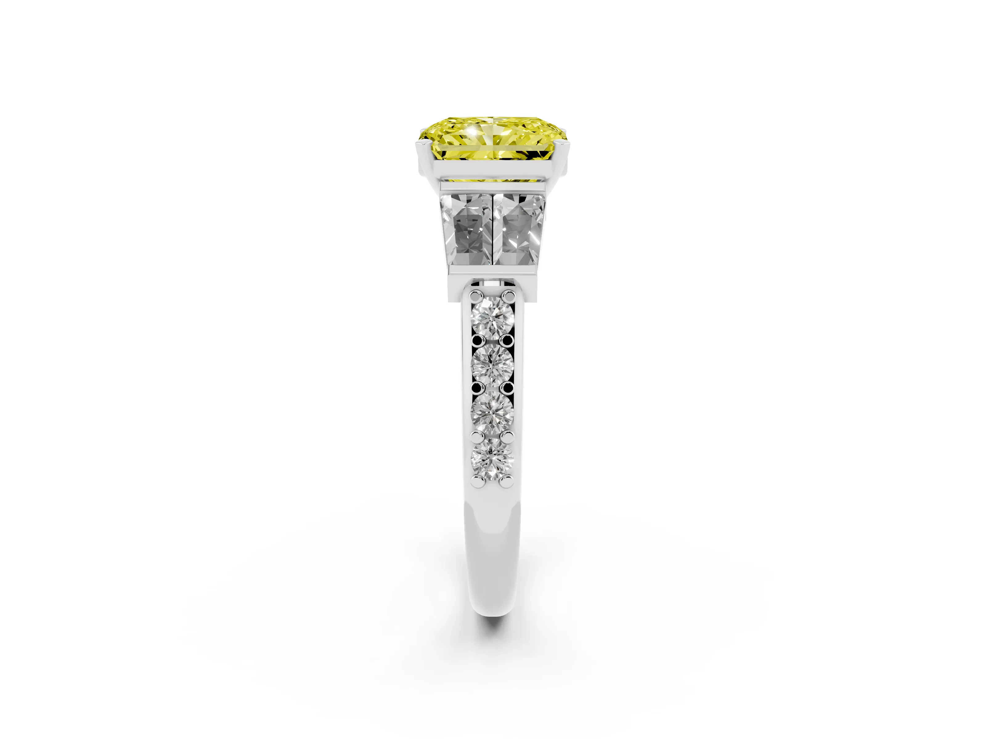 Fancy Yellow Radiant Cut Diamond Engagement Ring Set in Silver with Baguette Side Stones and Channel Set Band
