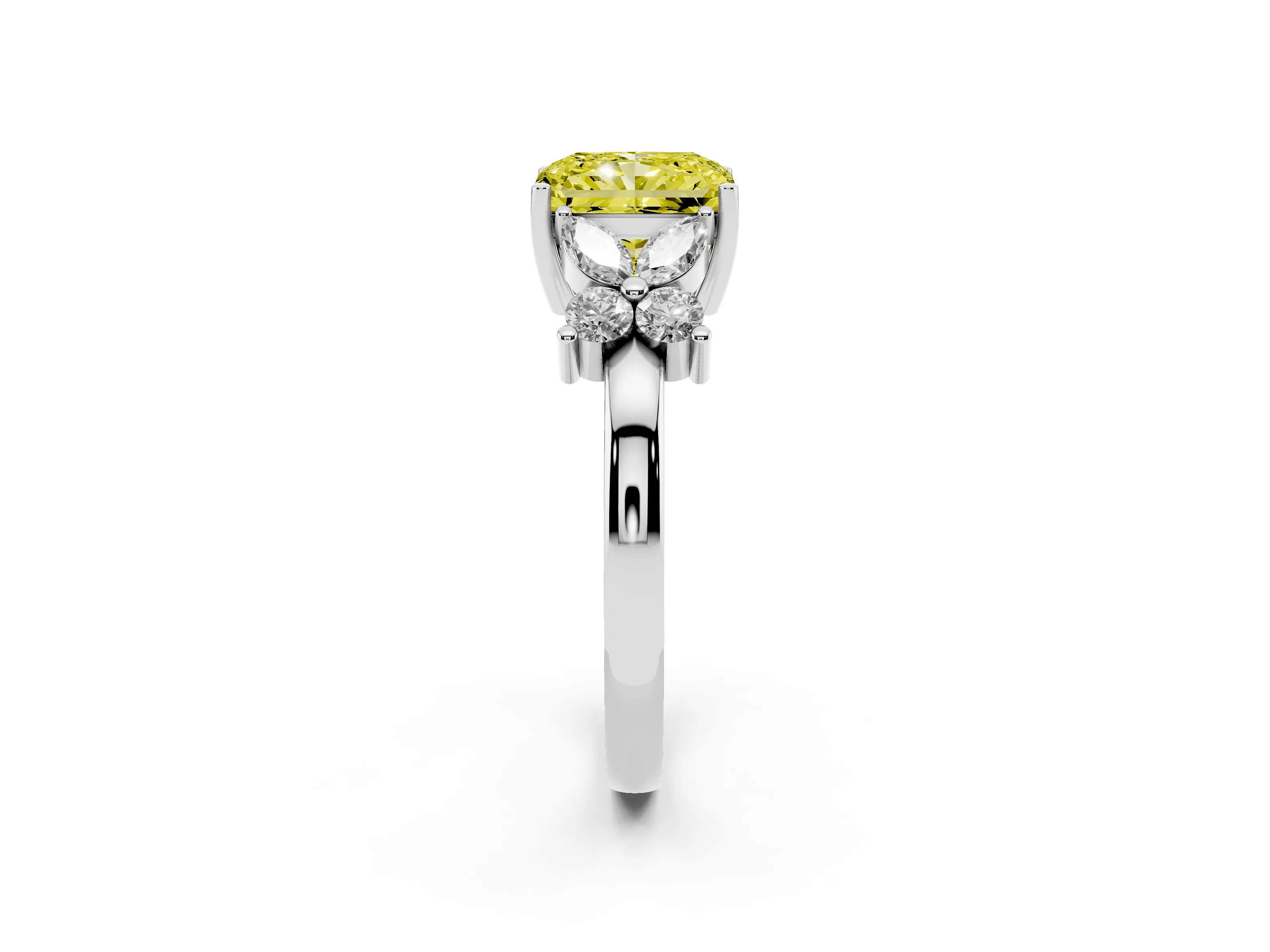Fancy Yellow Radiant Cut Diamond Floral Cluster Ring Set in White gold with Marquise Petals and Prong Setting