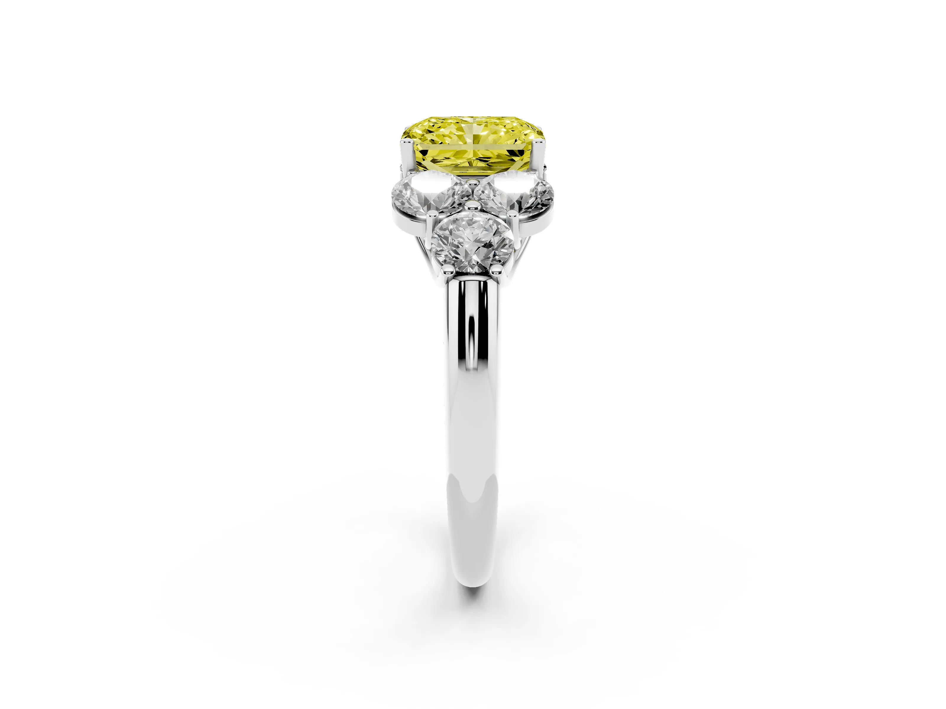 Fancy Yellow Radiant Cut Diamond Cluster Ring Set in Silver with Round Accent Stones and Prong Setting on a Plain Band