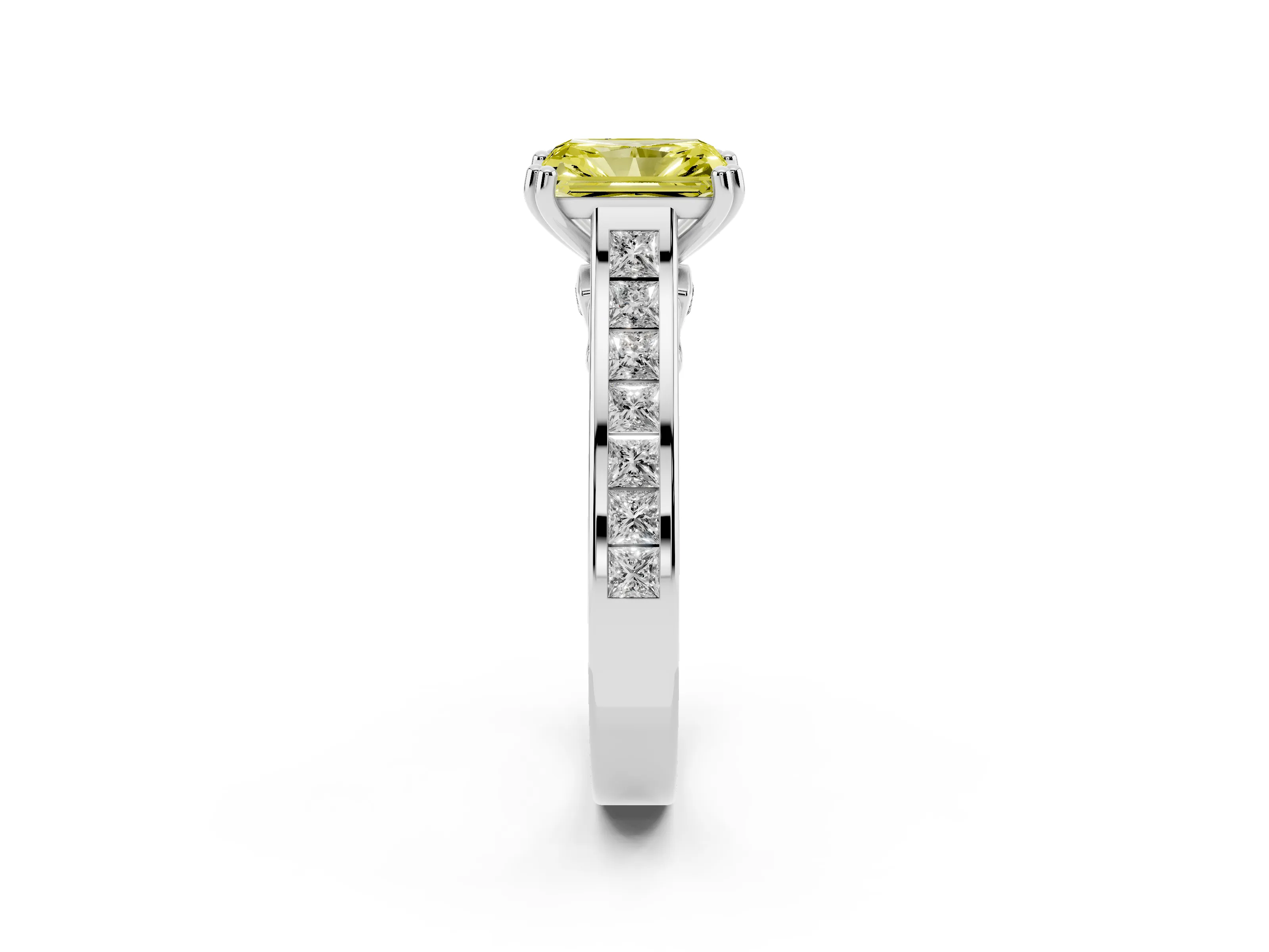 Fancy Yellow Radiant Cut Diamond Channel Set Solitaire Engagement Ring Set in Silver with Prong Setting