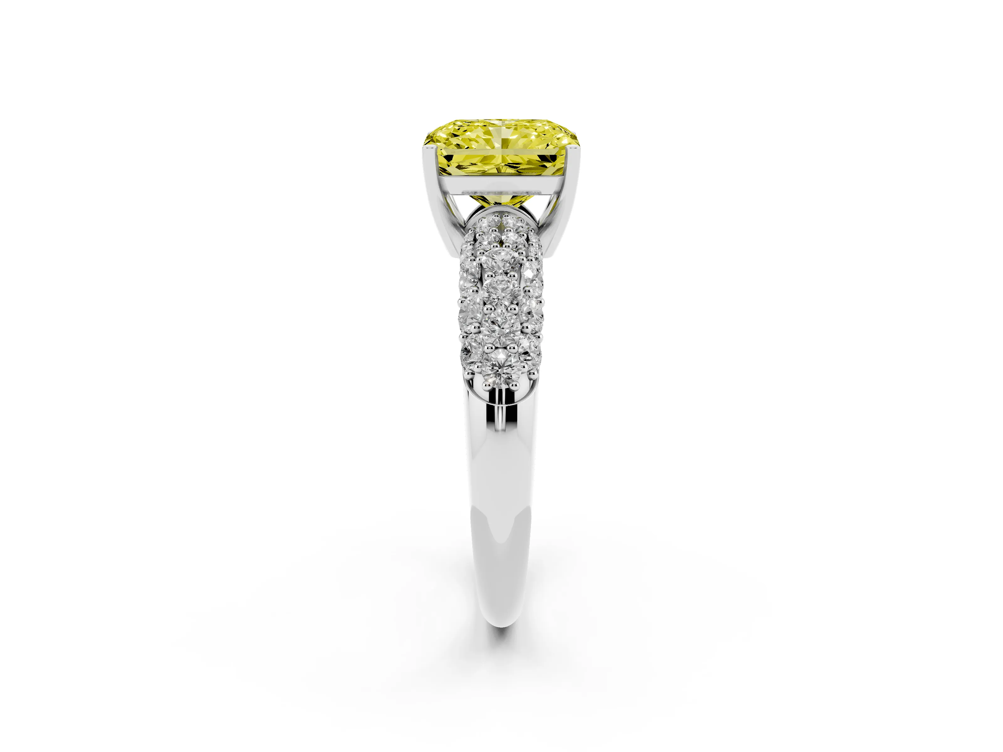 Fancy Yellow Radiant Cut Diamond Pavé Band Solitaire Ring Set in White gold with Close-Set Accent Stones and Prong Setting