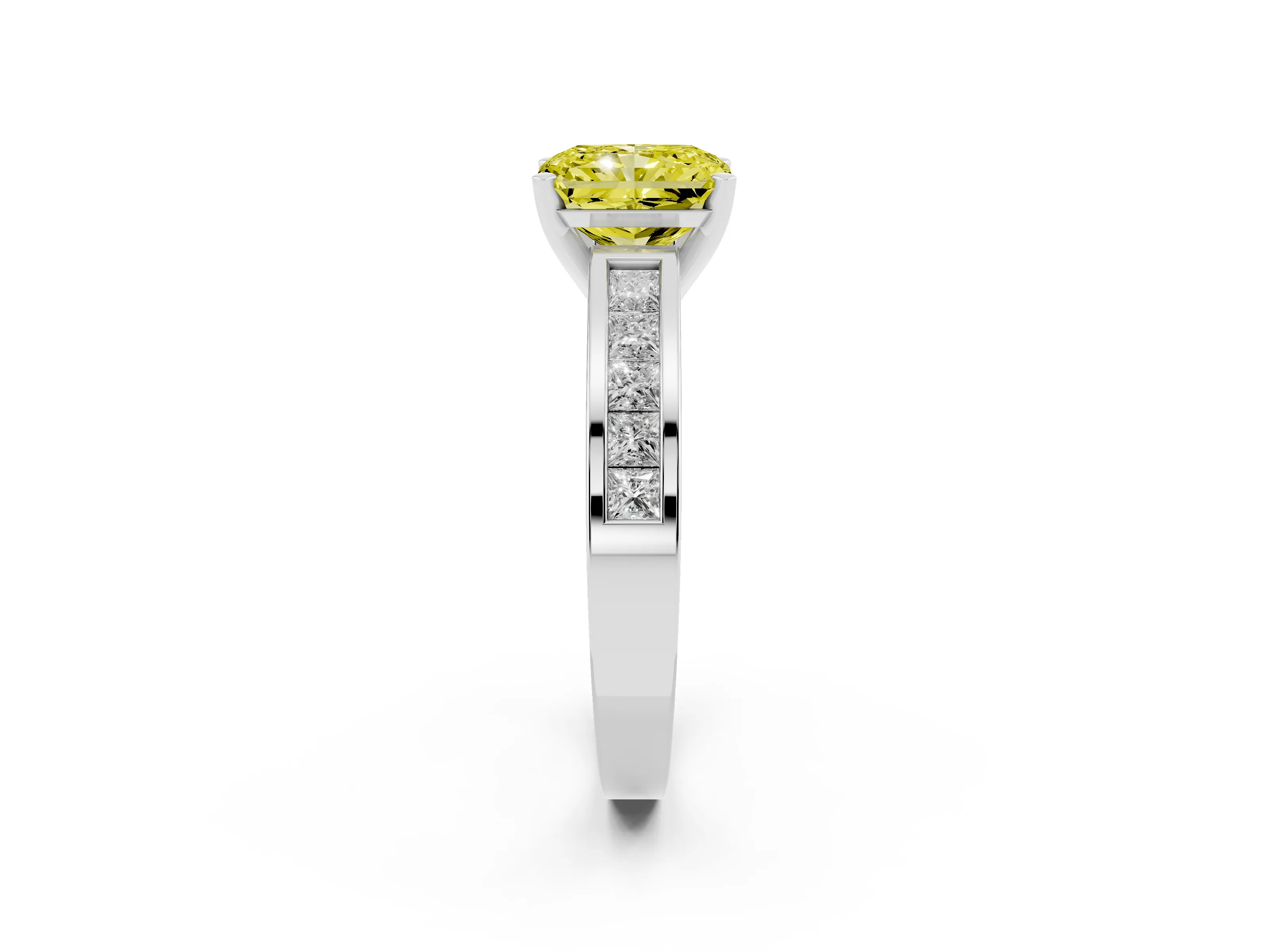 Fancy Yellow Radiant Cut Diamond Solitaire Ring Set in White gold with Channel-Set Band and Prong Setting