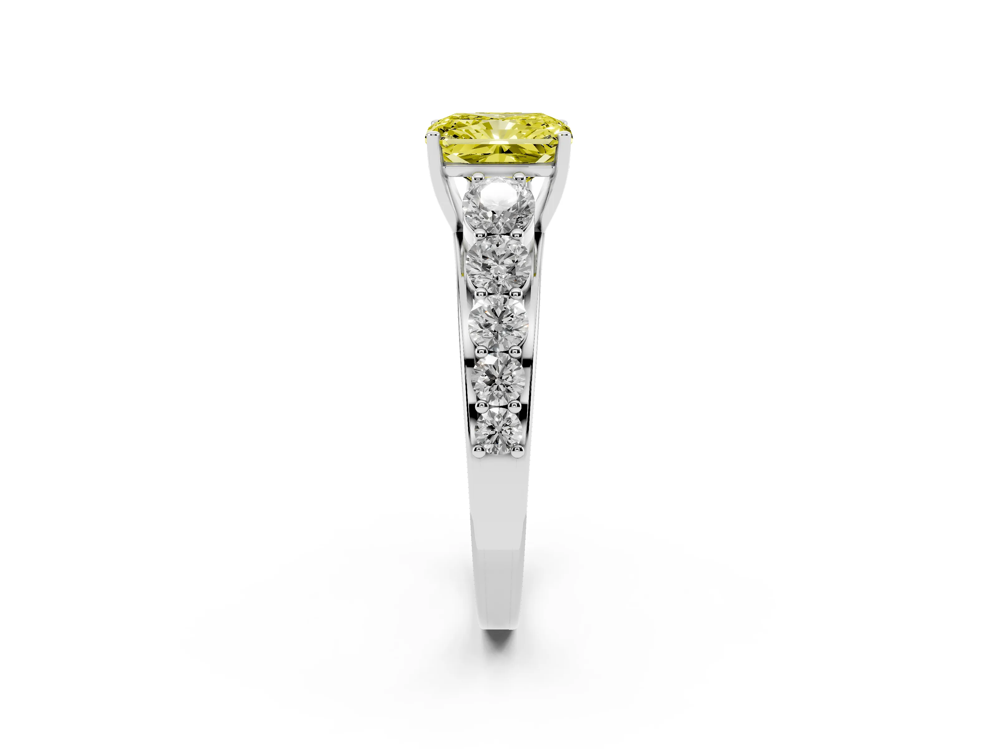 Fancy Yellow Radiant Cut Diamond Solitaire Ring Set in Platinum with Pavé-Set Band and Prong Setting