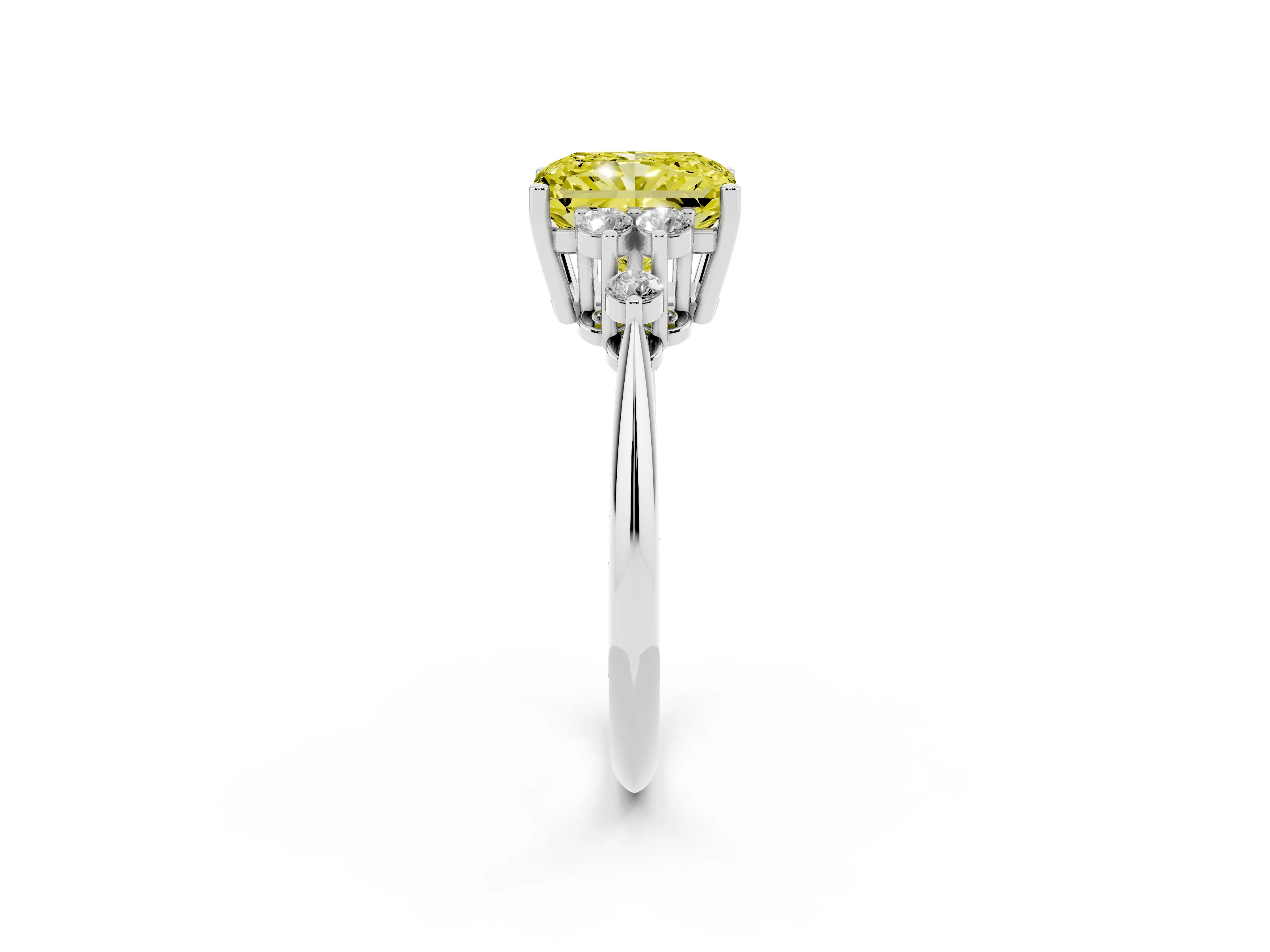Fancy Yellow Radiant Cut Diamond Cluster Ring Set in White gold with Plain Band and Prong Setting