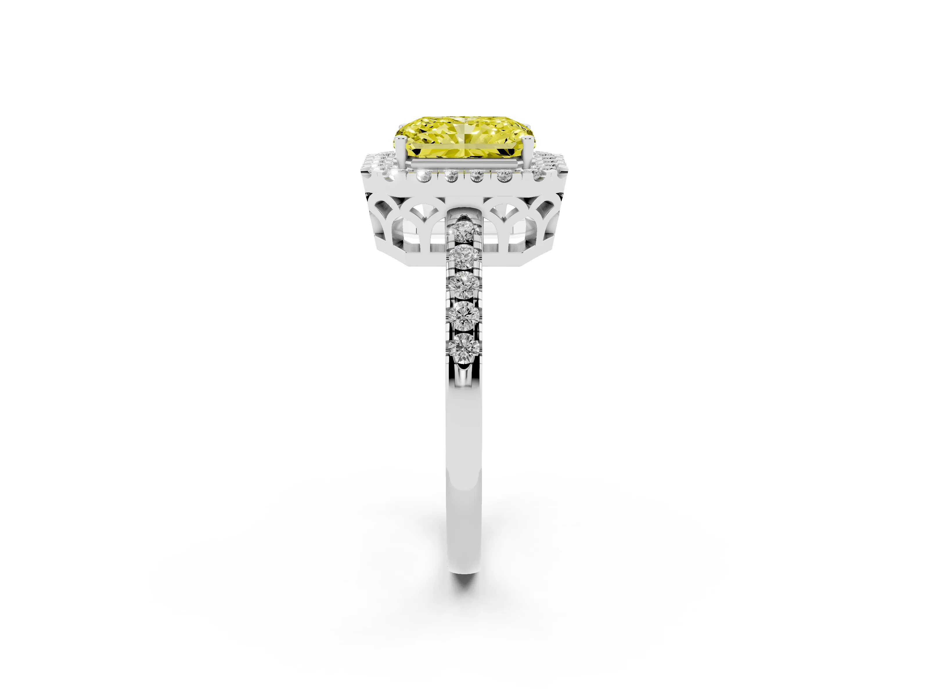 Fancy Yellow Radiant Cut Diamond Pavé Band Halo Engagement Ring Set in Platinum with Prong Setting
