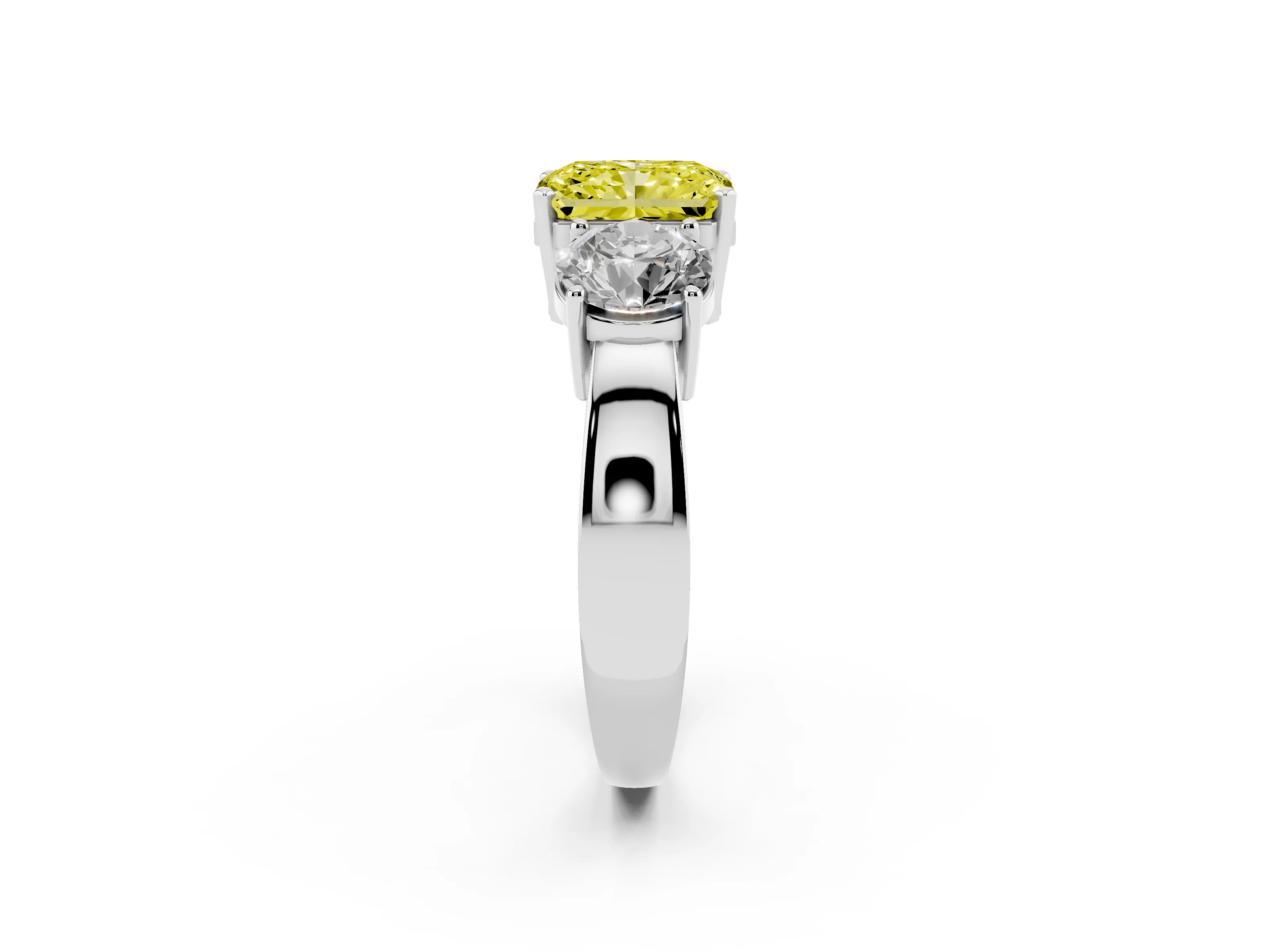 Fancy Yellow Radiant Cut Diamond Three-Stone Ring Set in Silver with Round Side Stones and Classic Band
