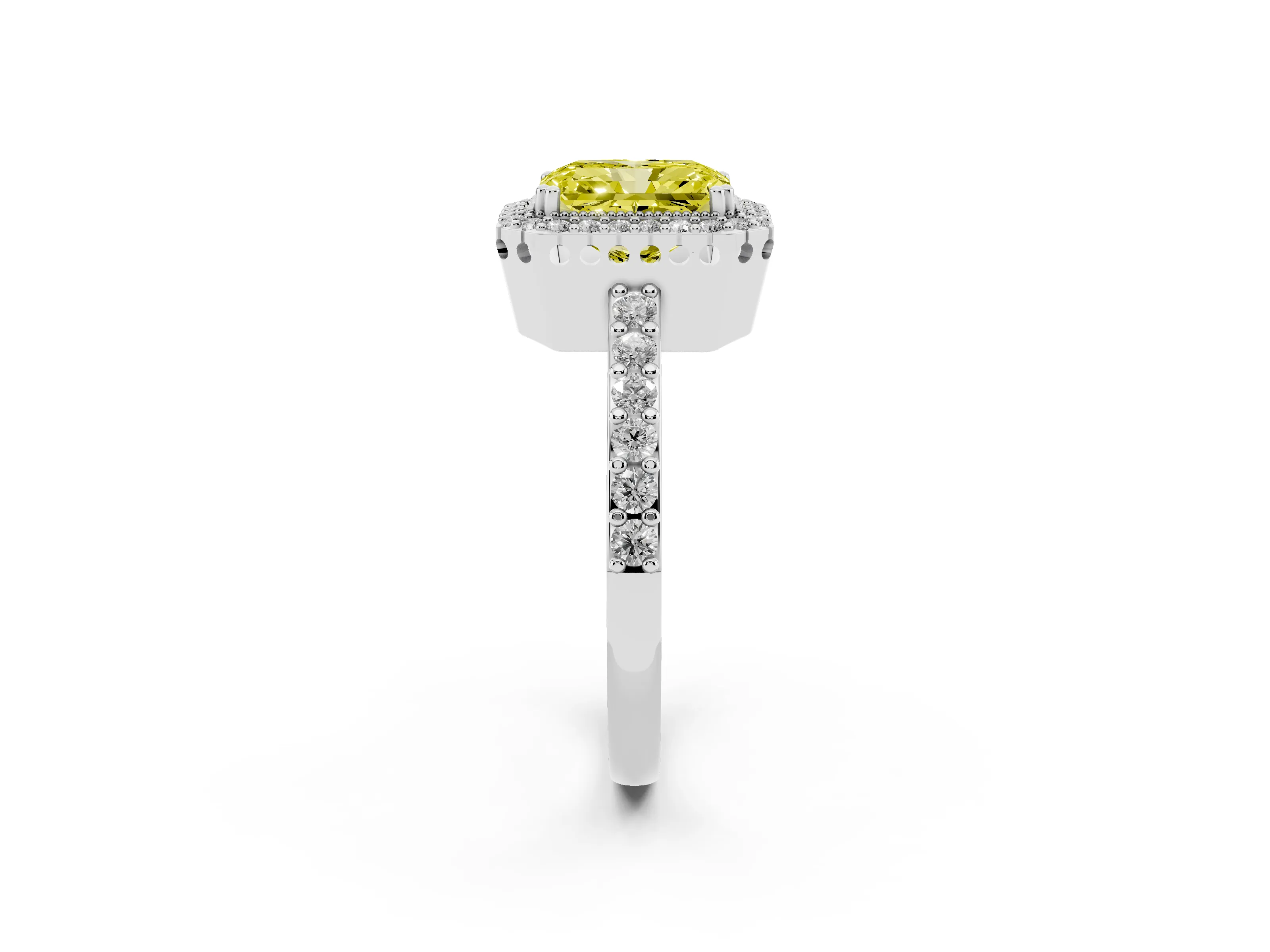 Fancy Yellow Radiant Cut Diamond Halo Engagement Ring Set in Silver with Milgrain Detail and Pavé Band