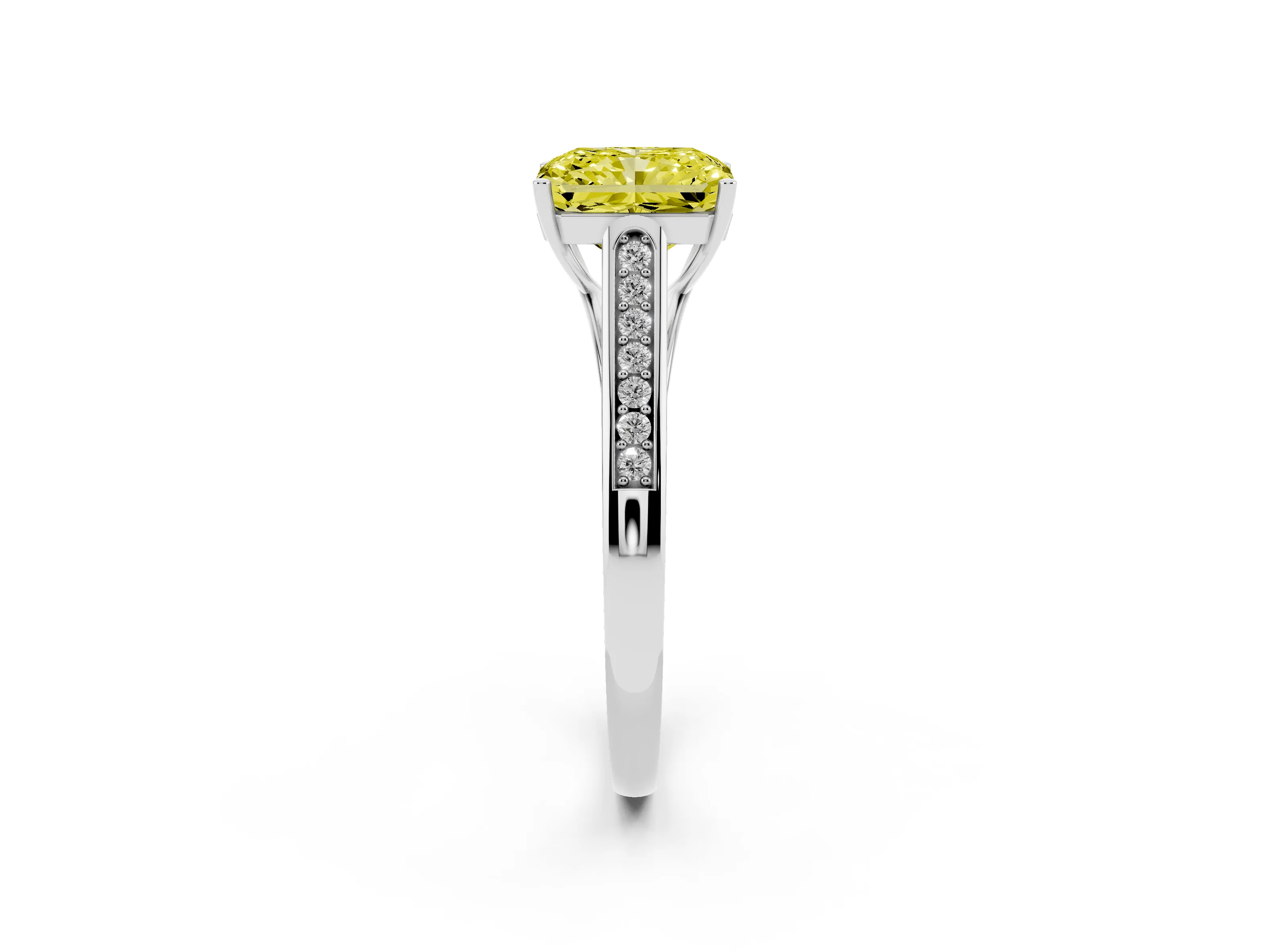 Fancy Yellow Radiant Cut Diamond Solitaire Cathedral Engagement Ring Set in Platinum with Channel-Set Band and Prong Setting