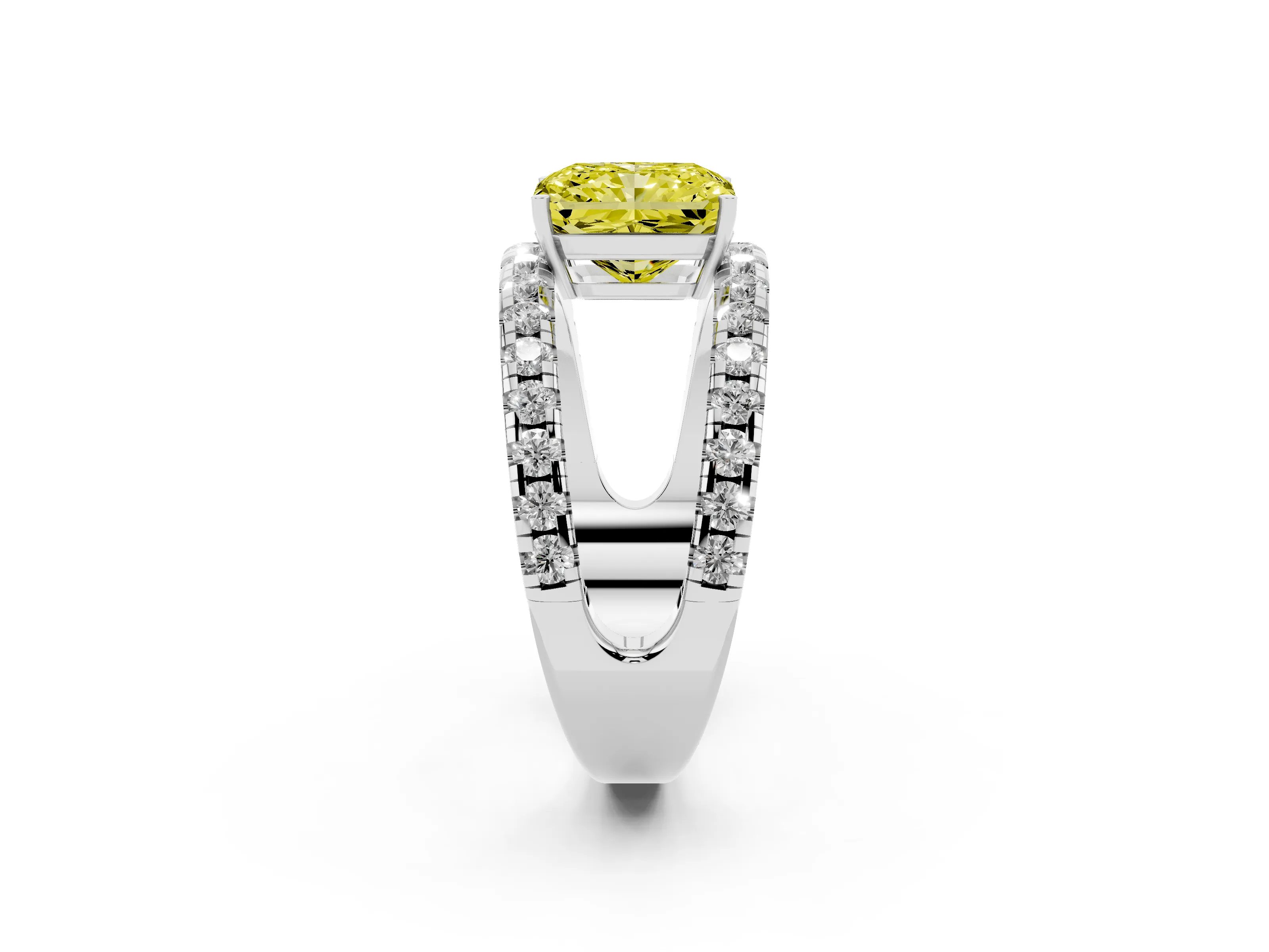 Fancy Yellow Radiant Cut Diamond Split Shank Pavé Solitaire Ring Set in Platinum with Open Shank Design