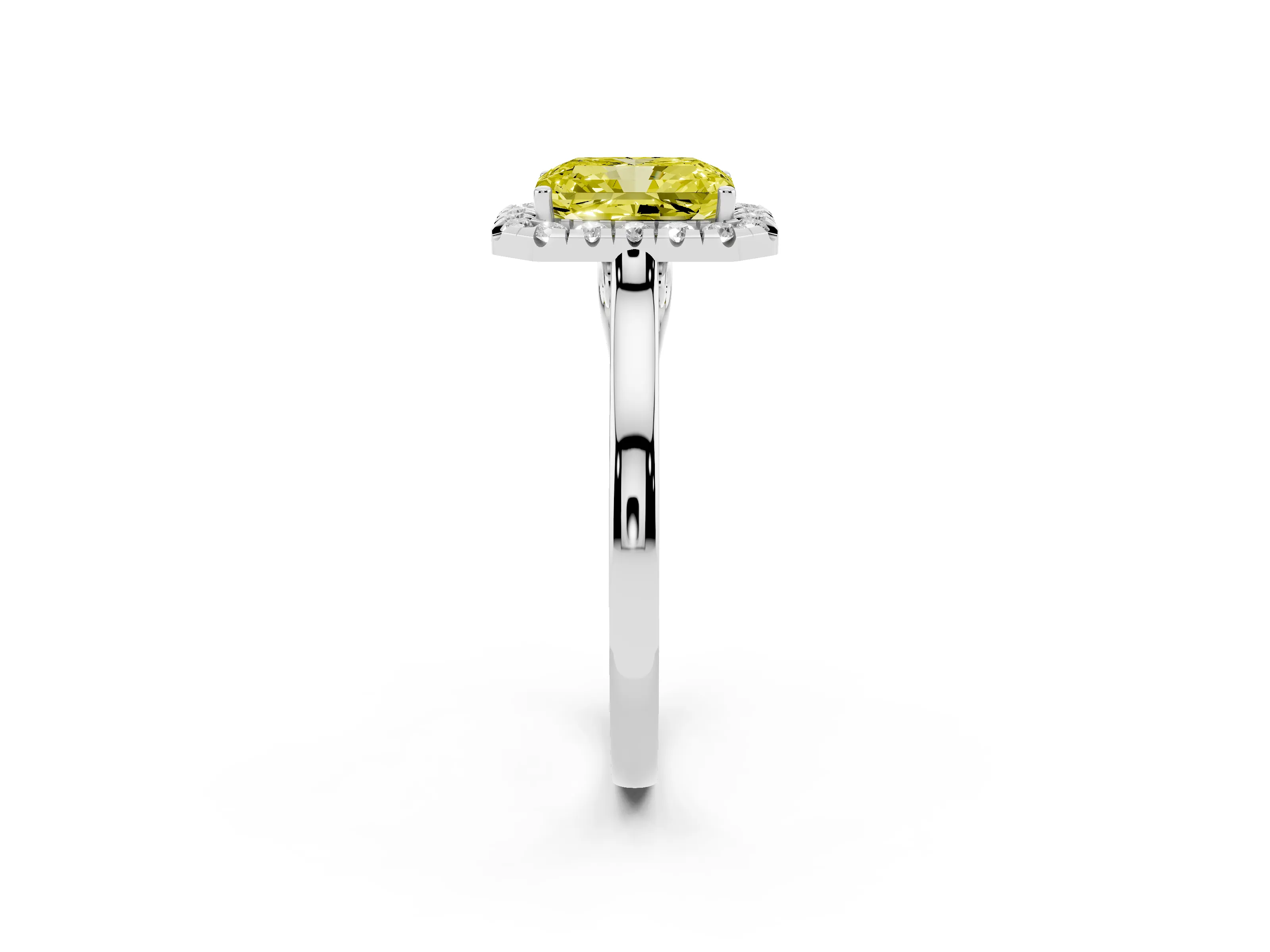 Fancy Yellow Radiant Cut Halo Round Diamond Solitaire Ring Set in White gold with Pavé Band and Prong Setting
