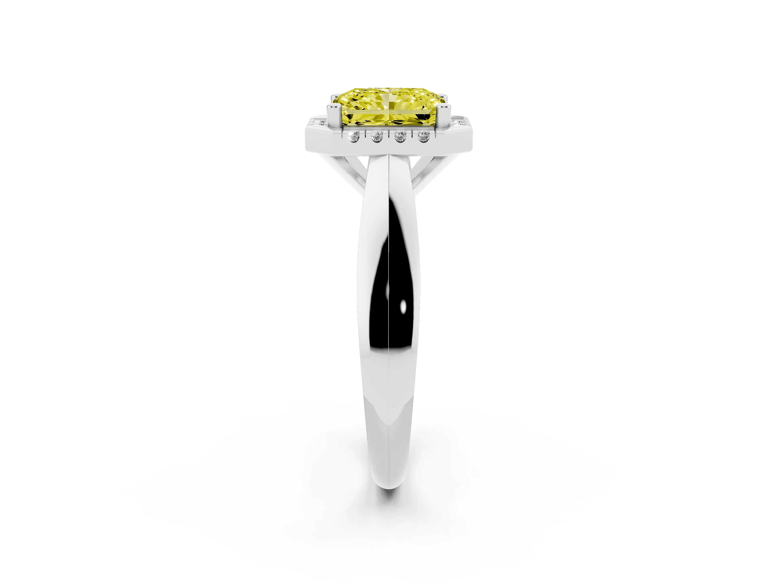 Fancy Yellow Radiant Cut Diamond Halo Solitaire Engagement Ring Set in Platinum with Square Band and Prong Setting