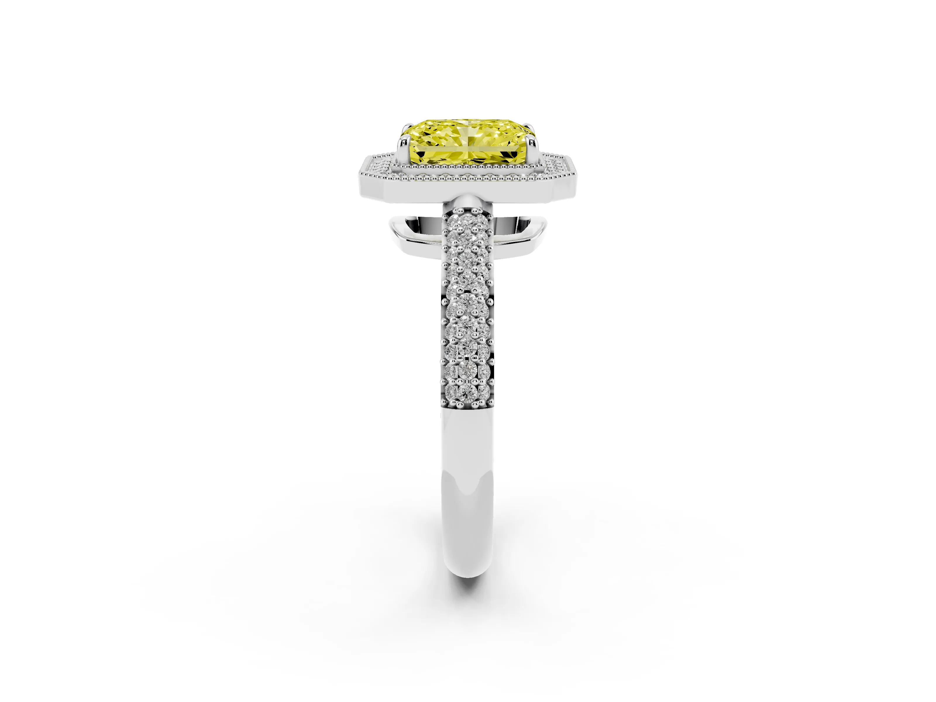 Fancy Yellow Radiant Cut Diamond Halo Pavé Band Set in White gold with Prong Setting