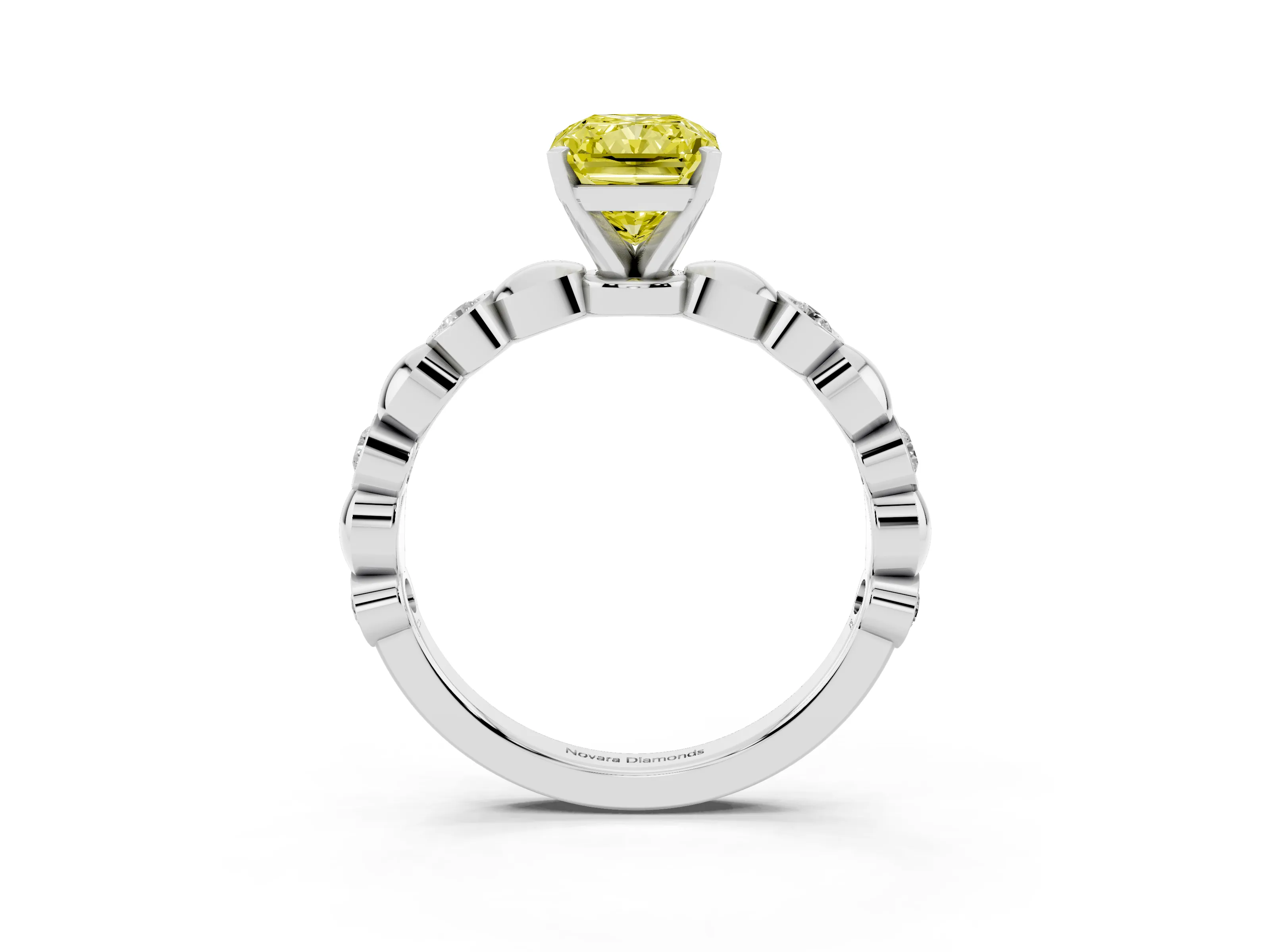 Fancy Yellow Radiant Cut Diamond Solitaire Ring Set in White gold with Bezel-Set Accents on Beaded Band and Prong Setting